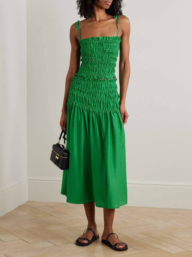 TORY BURCH Ruffled Smocked Lyocell-blend Midi Skirt outlook