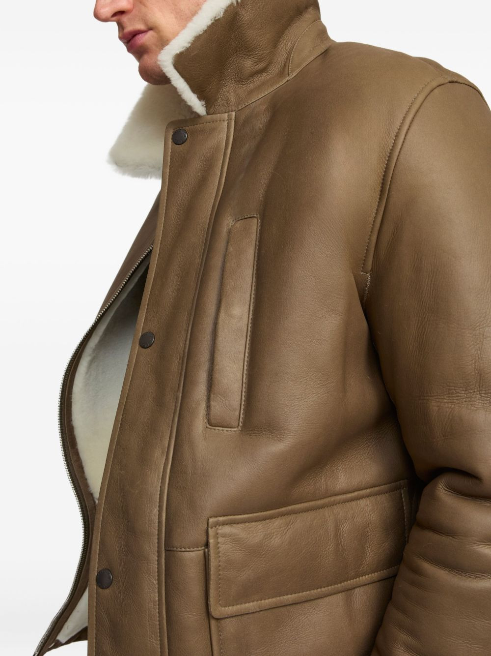 shearling collar leather jacket - 5