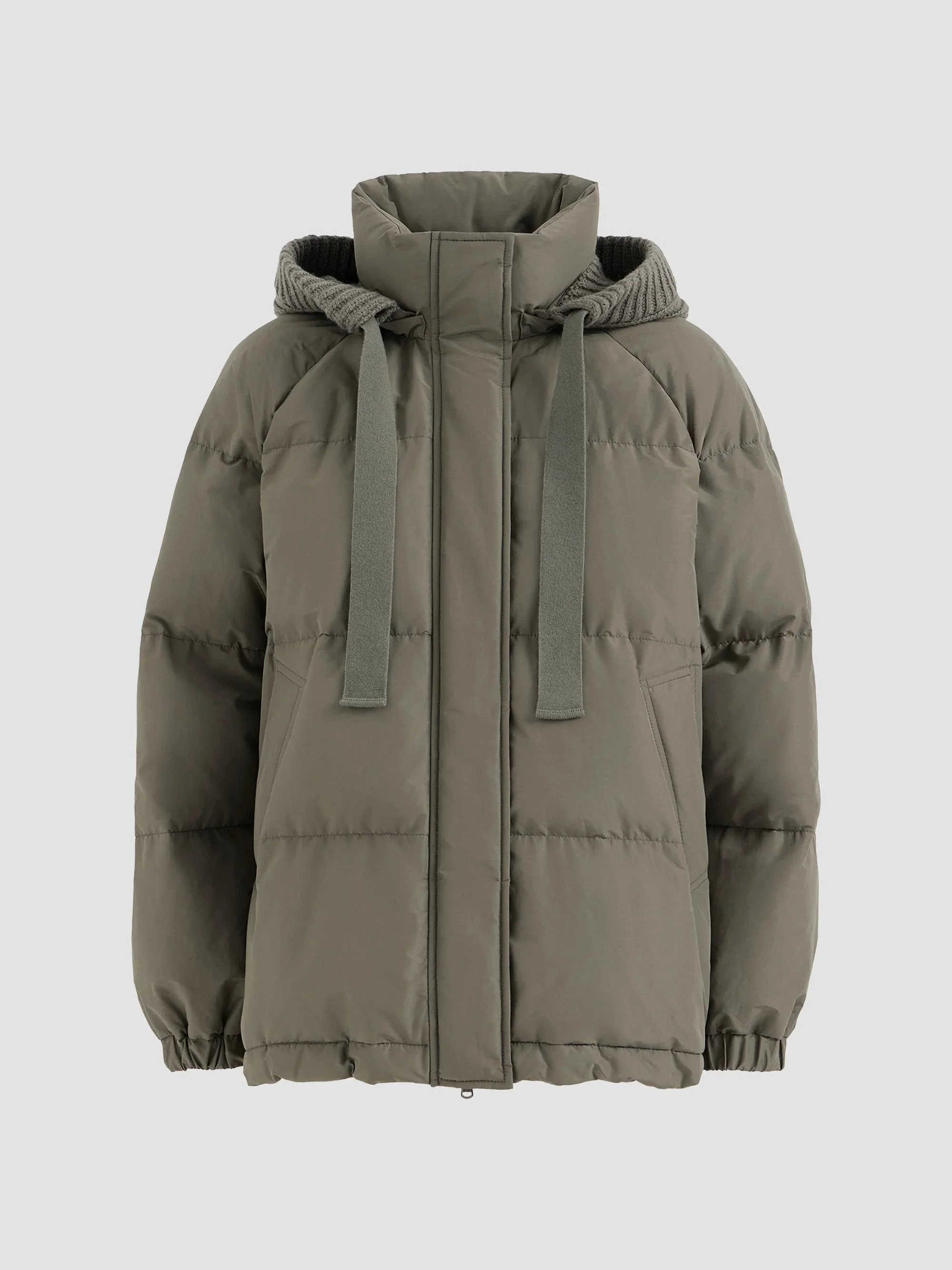 Women's Techno Cotton Taffeta Down Jacket with Detachable Cashmere Knit Hood - Green - 1