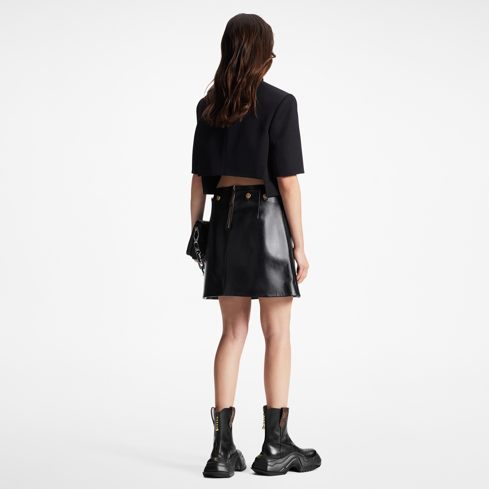 Button Waist Leather Mini Skirt - 3