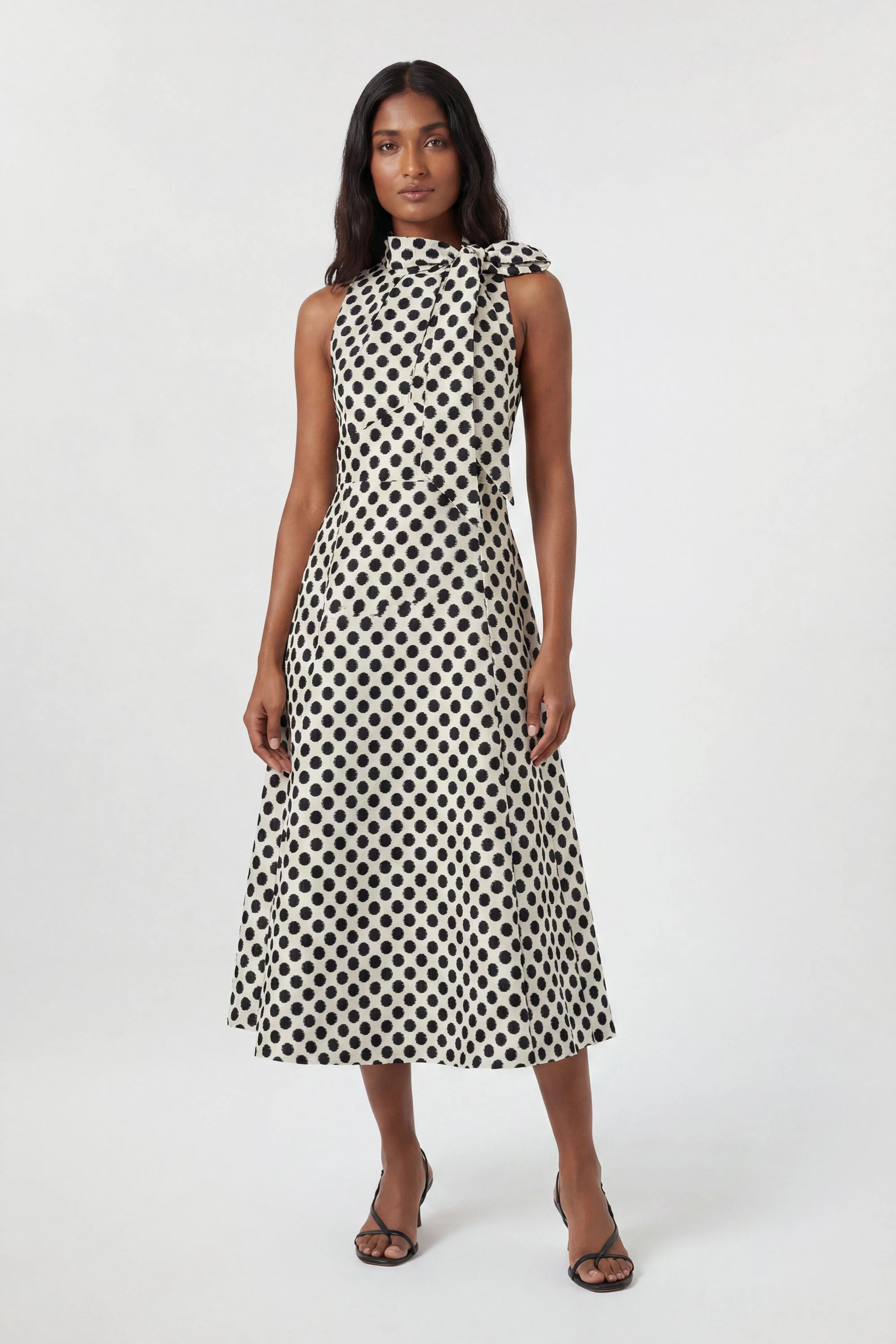 Spot Jacquard Tailored Bow Neck Full Skirted Midi Dress - 1