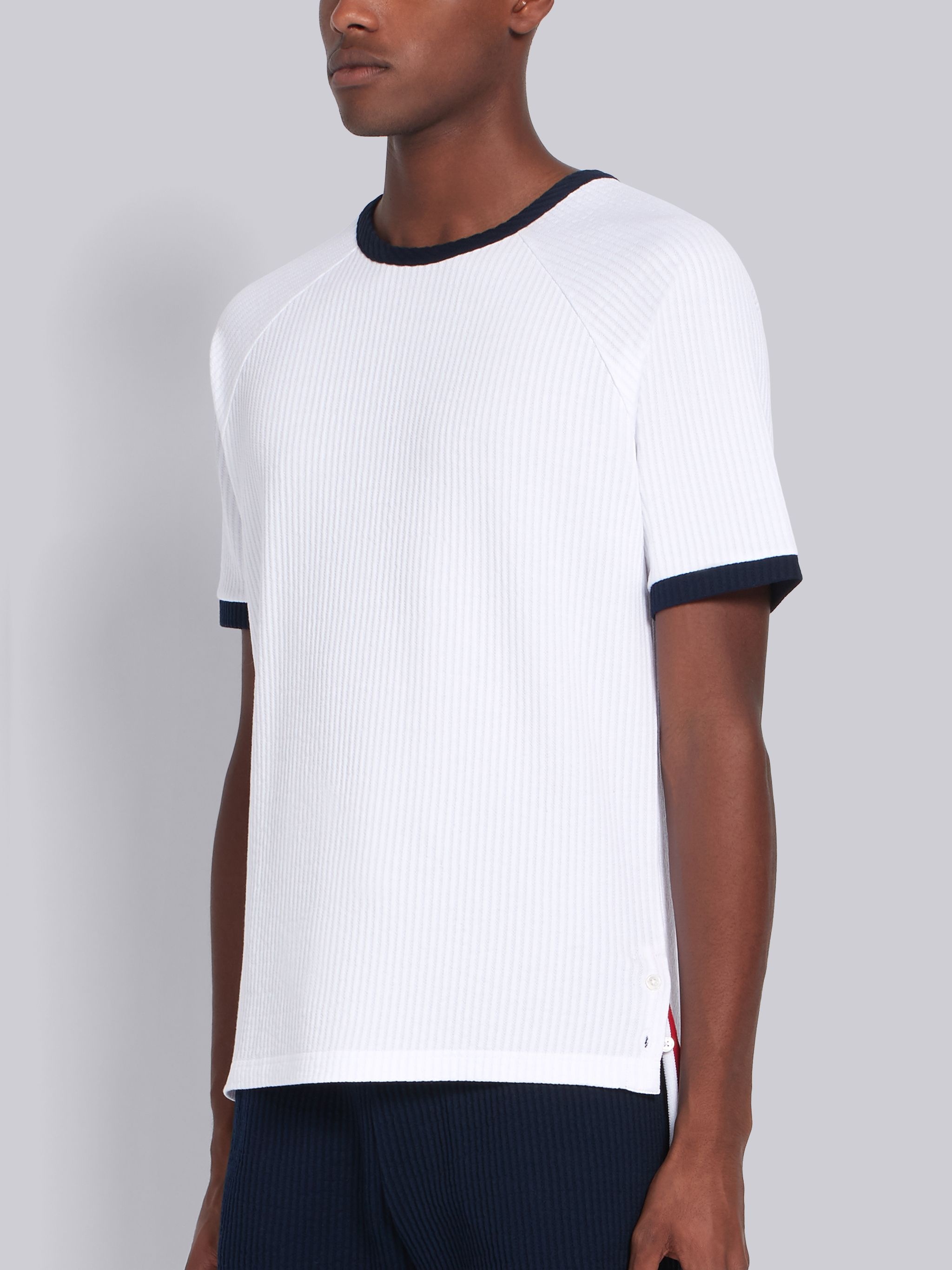 White Seersucker Short Sleeve Ringer Tee - 2