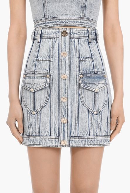 Short blue denim high-waisted skirt - 5