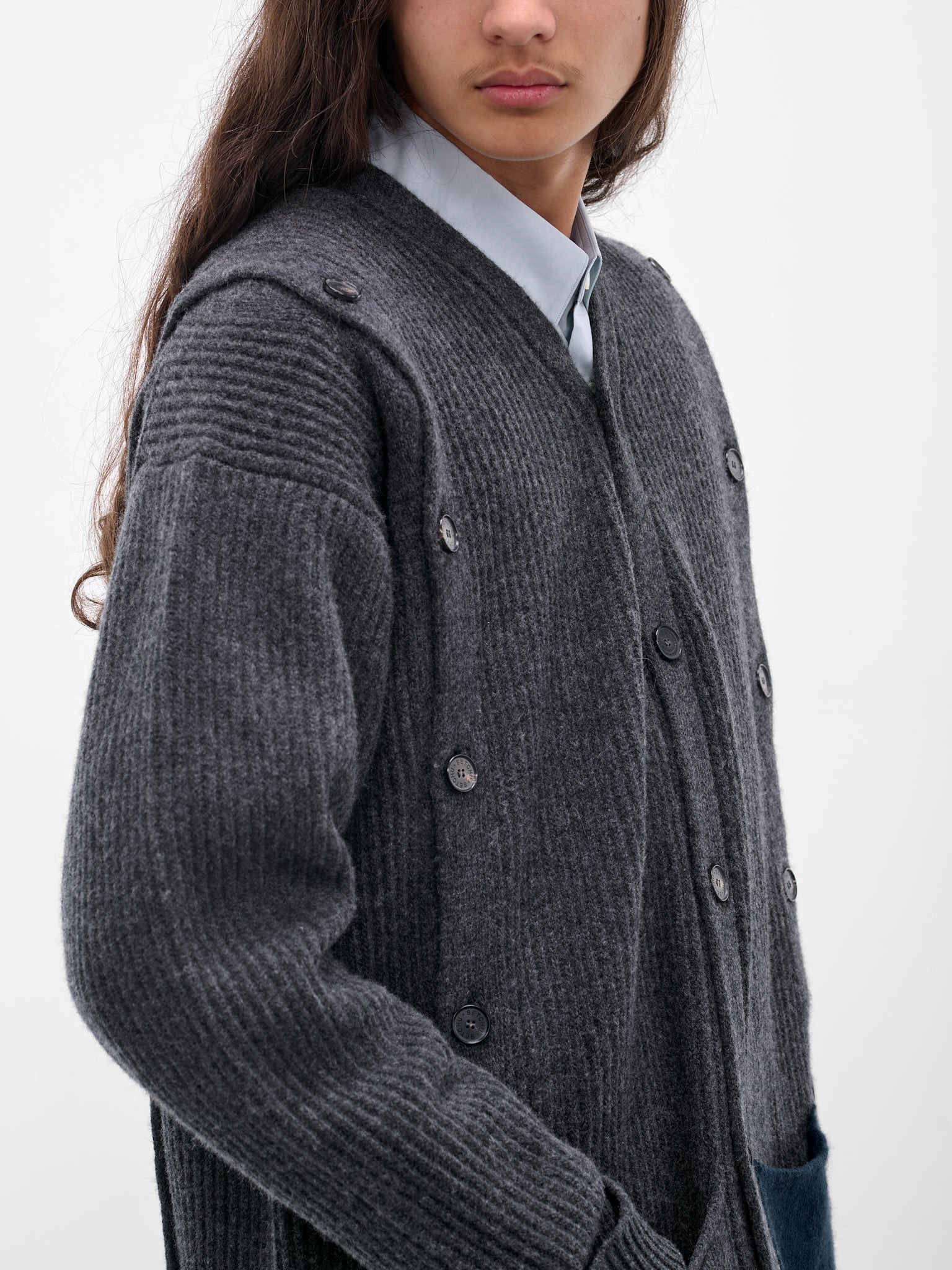 Gray Cashmere Rib-Knit Buttoned Cardigan - 5