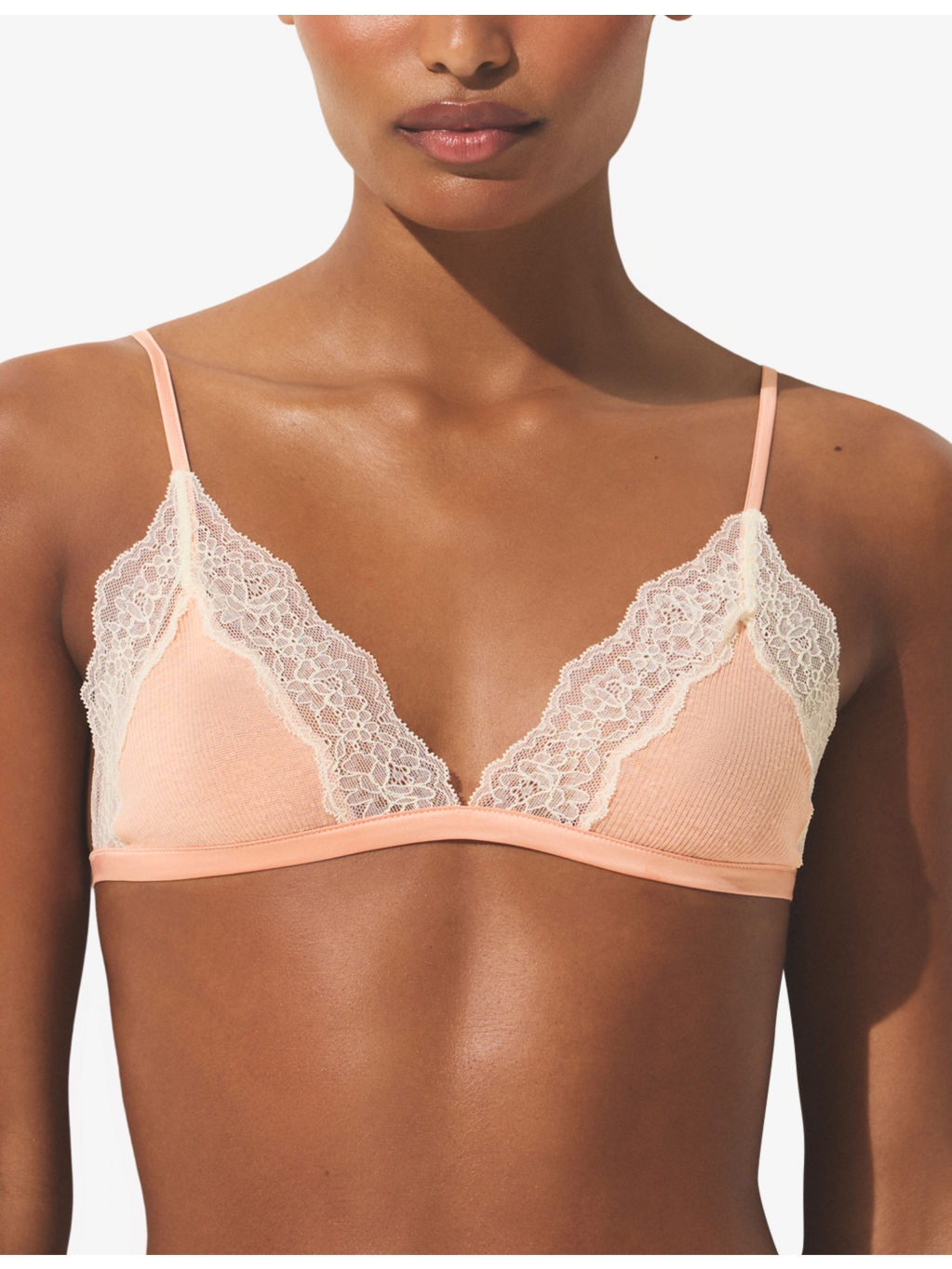 Sheer Cotton Lace-Trim Woven Triangle Bralette - 3