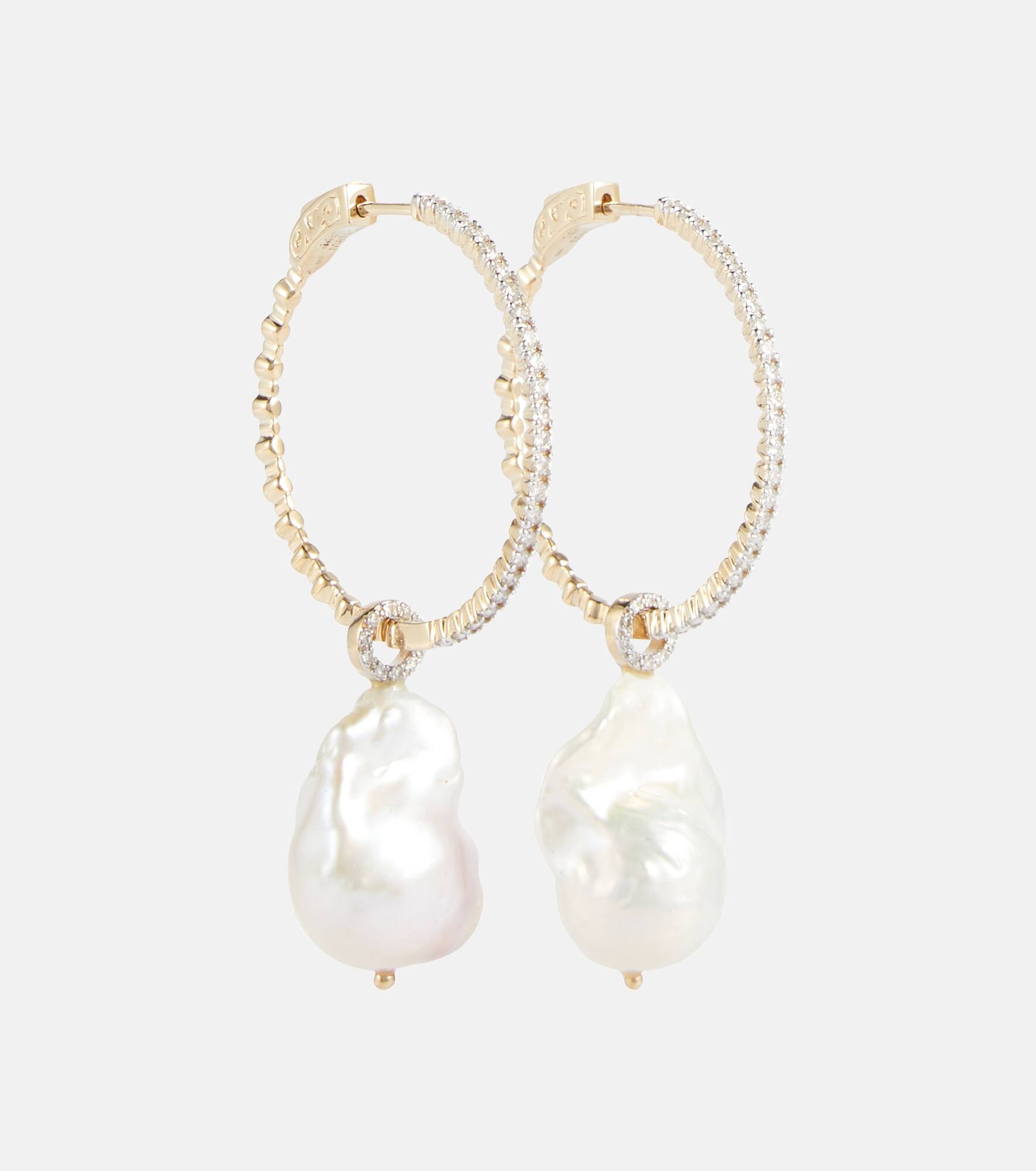 14kt gold hoop earrings with Baroque pearls and diamonds - 1