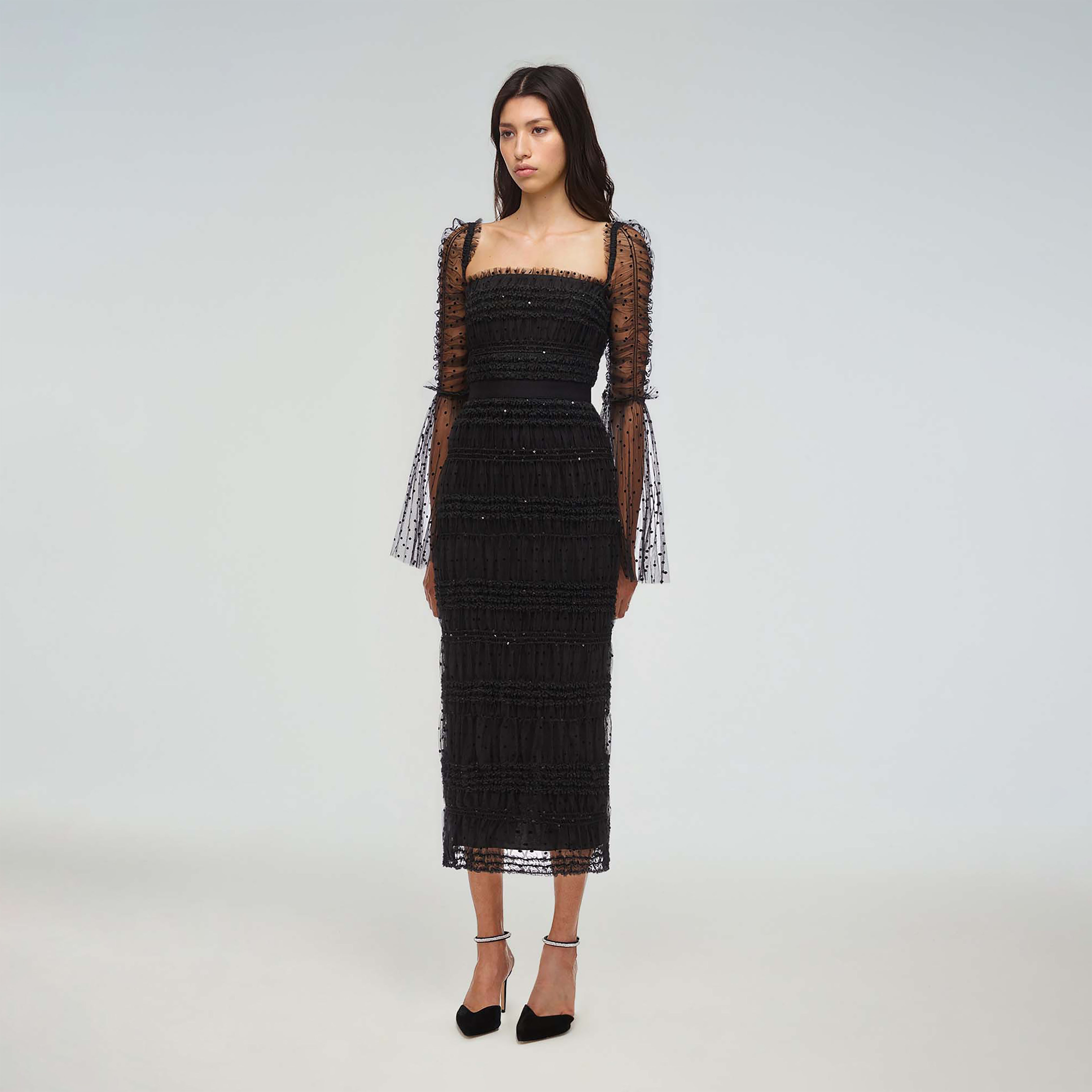 self-portrait Black Dot Mesh Midi Dress | REVERSIBLE