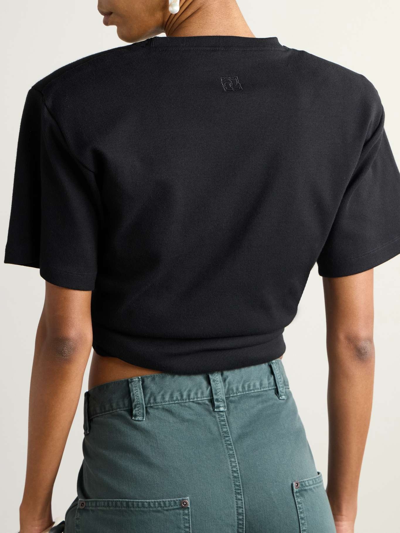 Twist-front ribbed cotton-blend jersey T-shirt Black - 3
