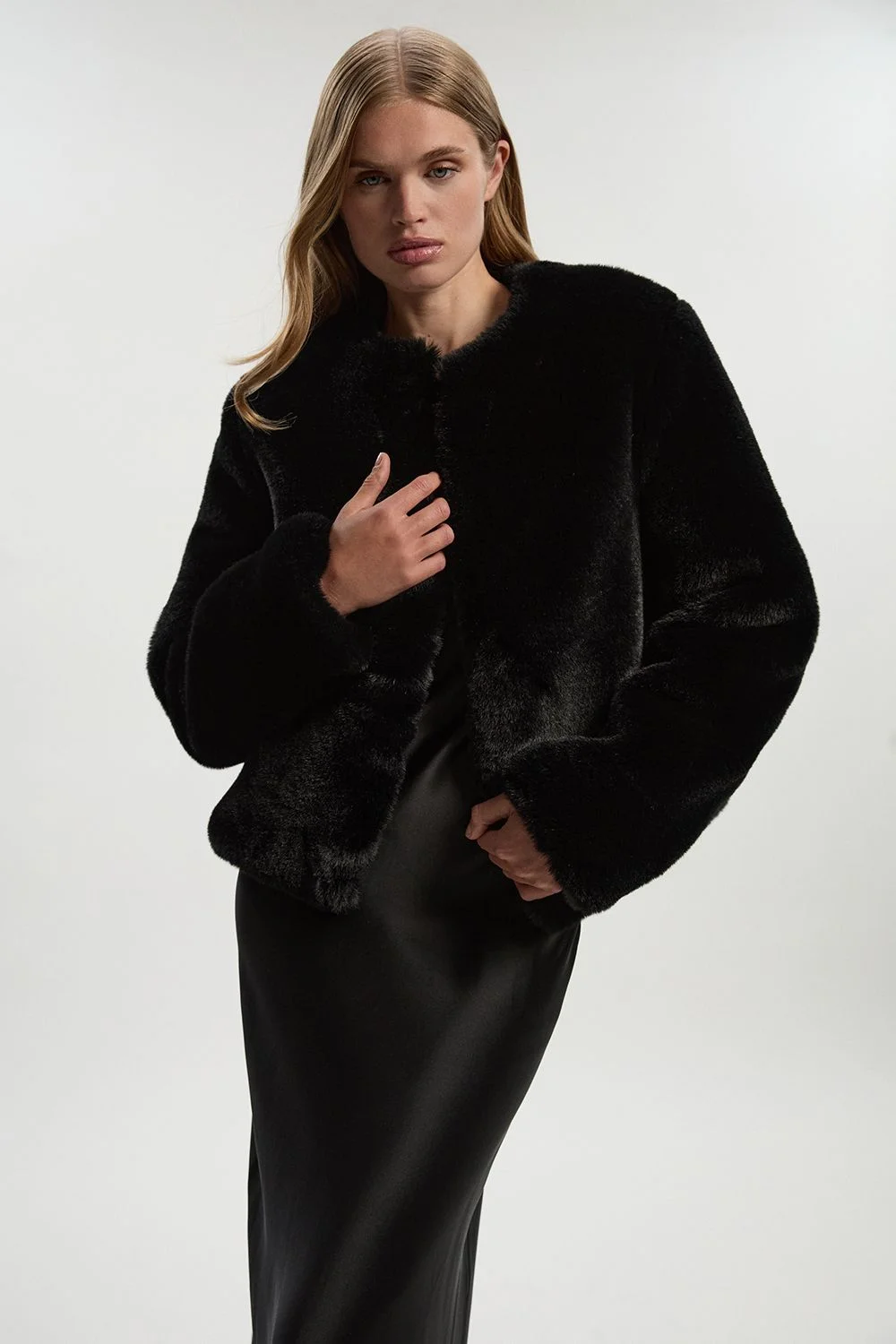 Collarless Faux Fur Jacket - 1