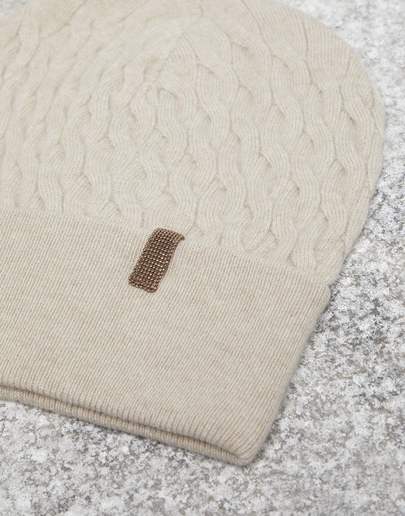 Brunello Cucinelli Virgin wool, cashmere and silk cable knit beanie with shiny tab outlook