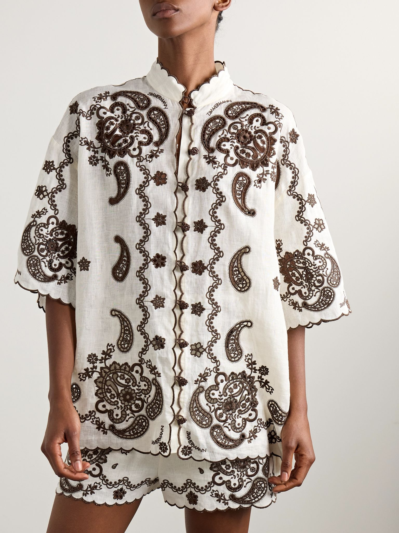 Ascension leather-trimmed broderie anglaise linen shirt Cream - 3