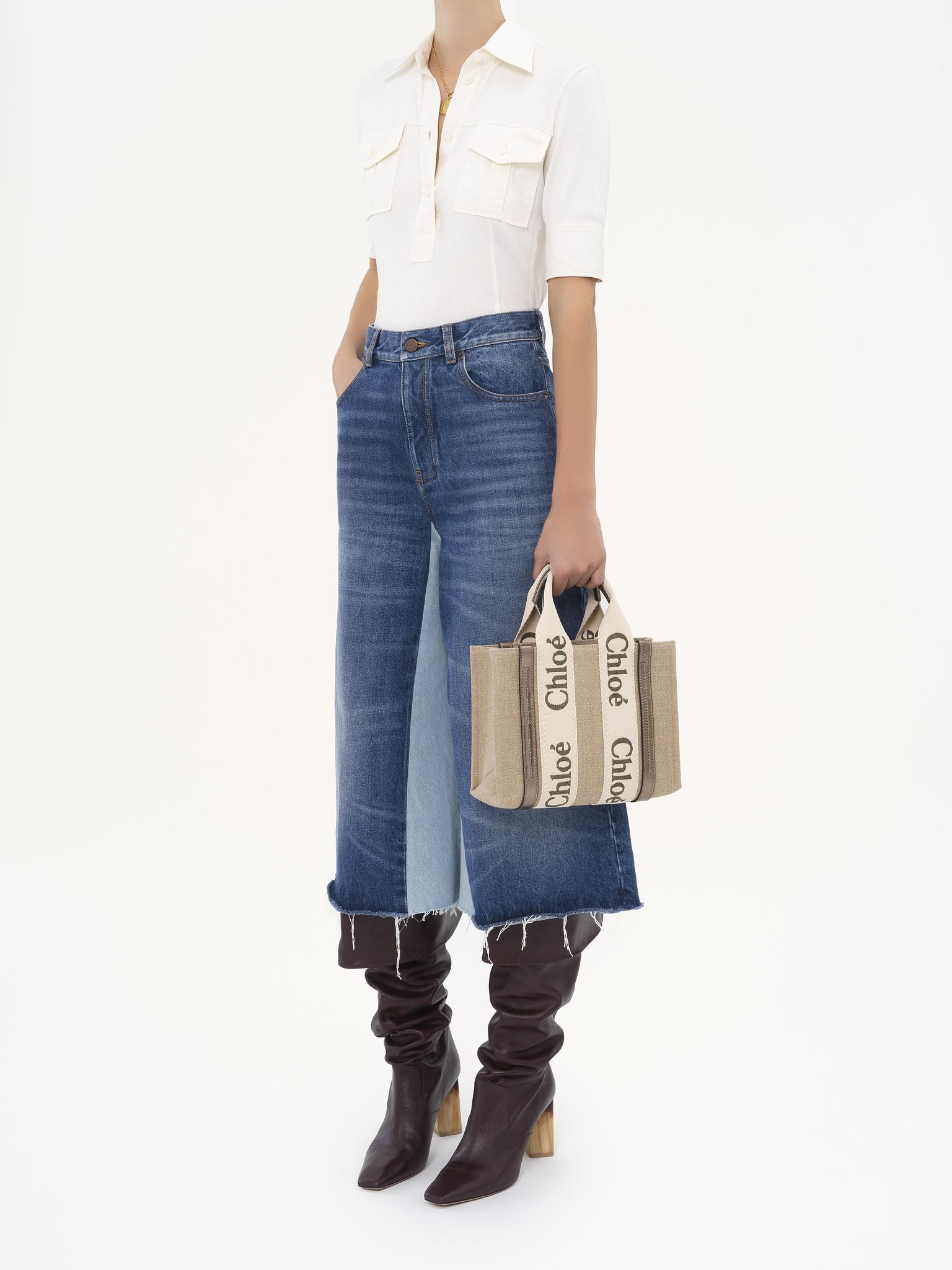 SMALL WOODY TOTE BAG IN LINEN & LEATHER - 7