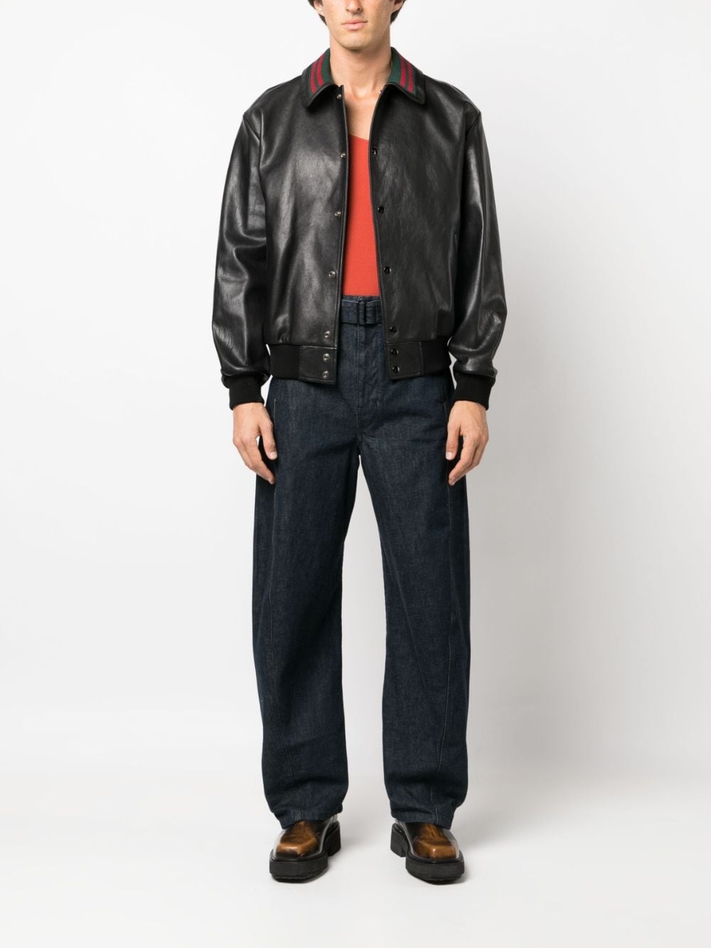 Web-collar leather bomber jacket - 2