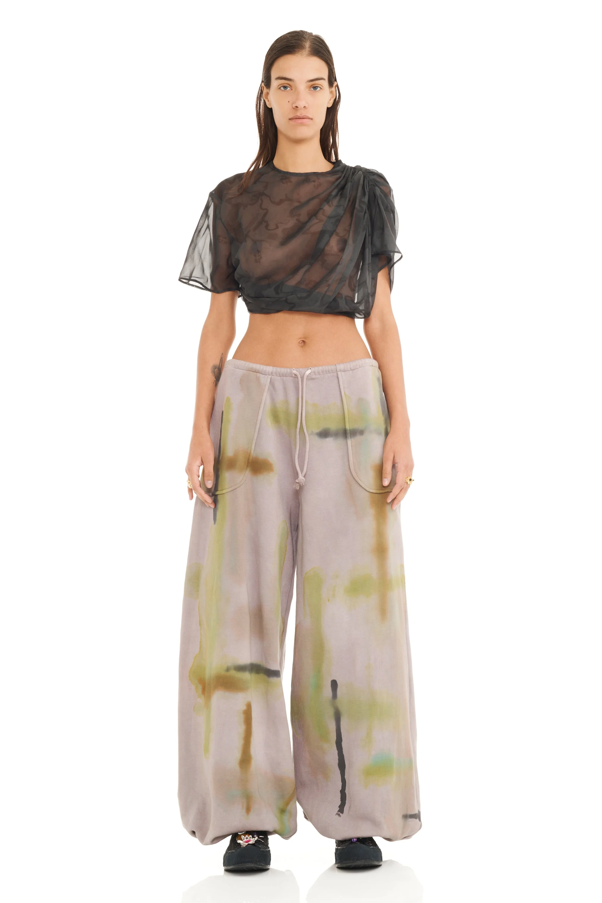 BLACK WATERCOLOR FLORAL EVA DRAPED TOP - 1