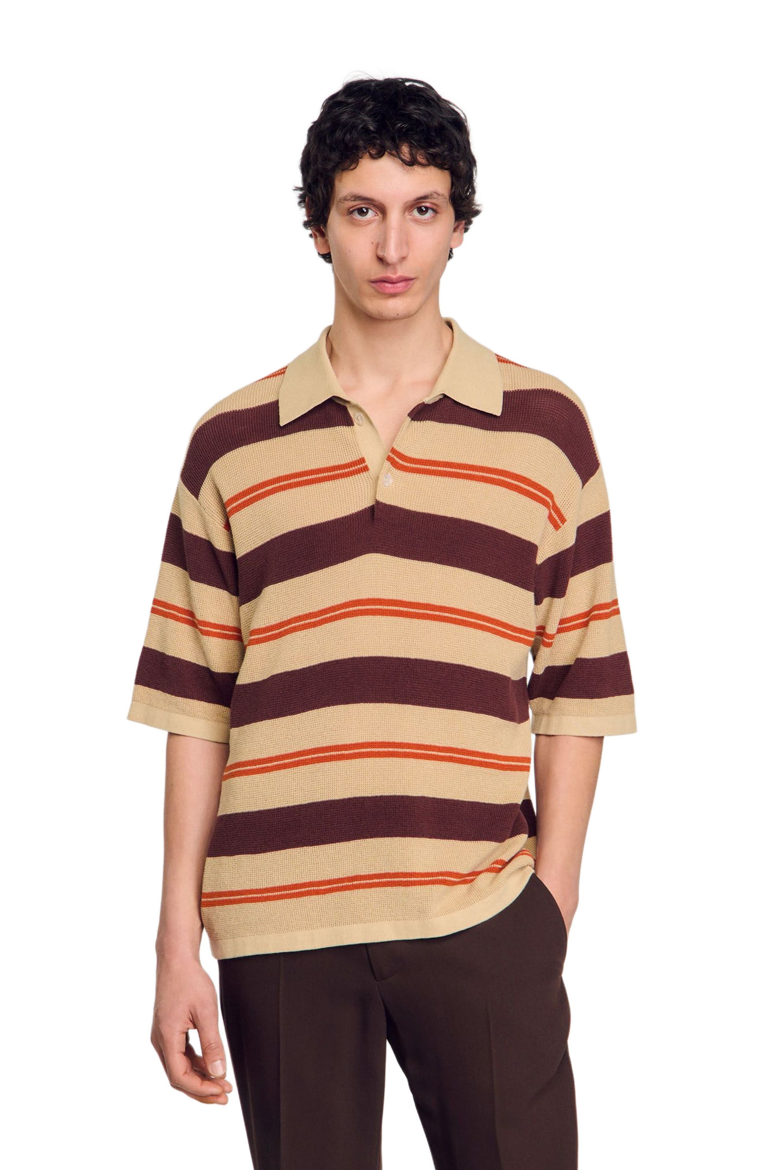 SANDRO Striped knit polo shirt in Nut at Nordstrom - 3