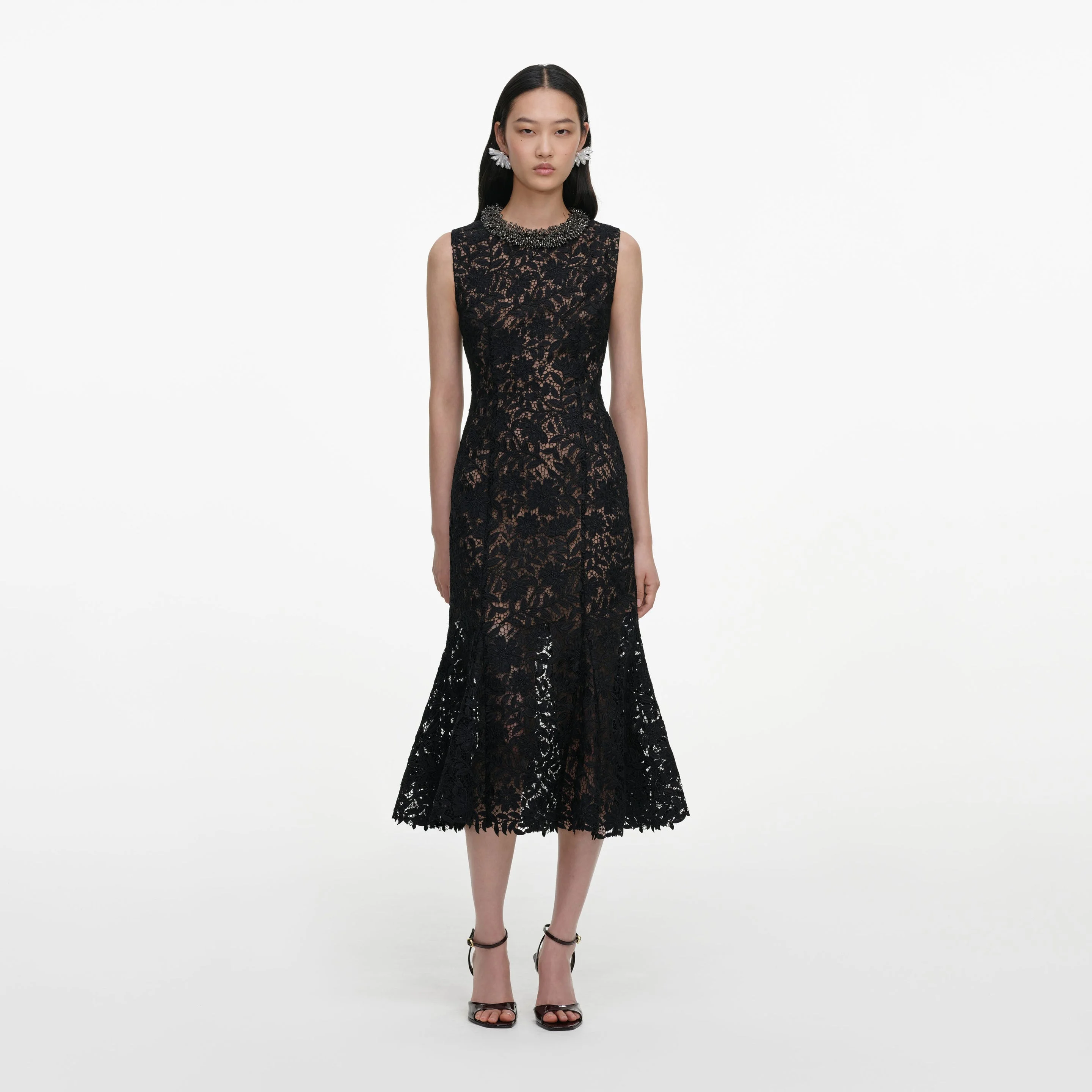 Black Lace Beaded Trim Midi Dress - 1