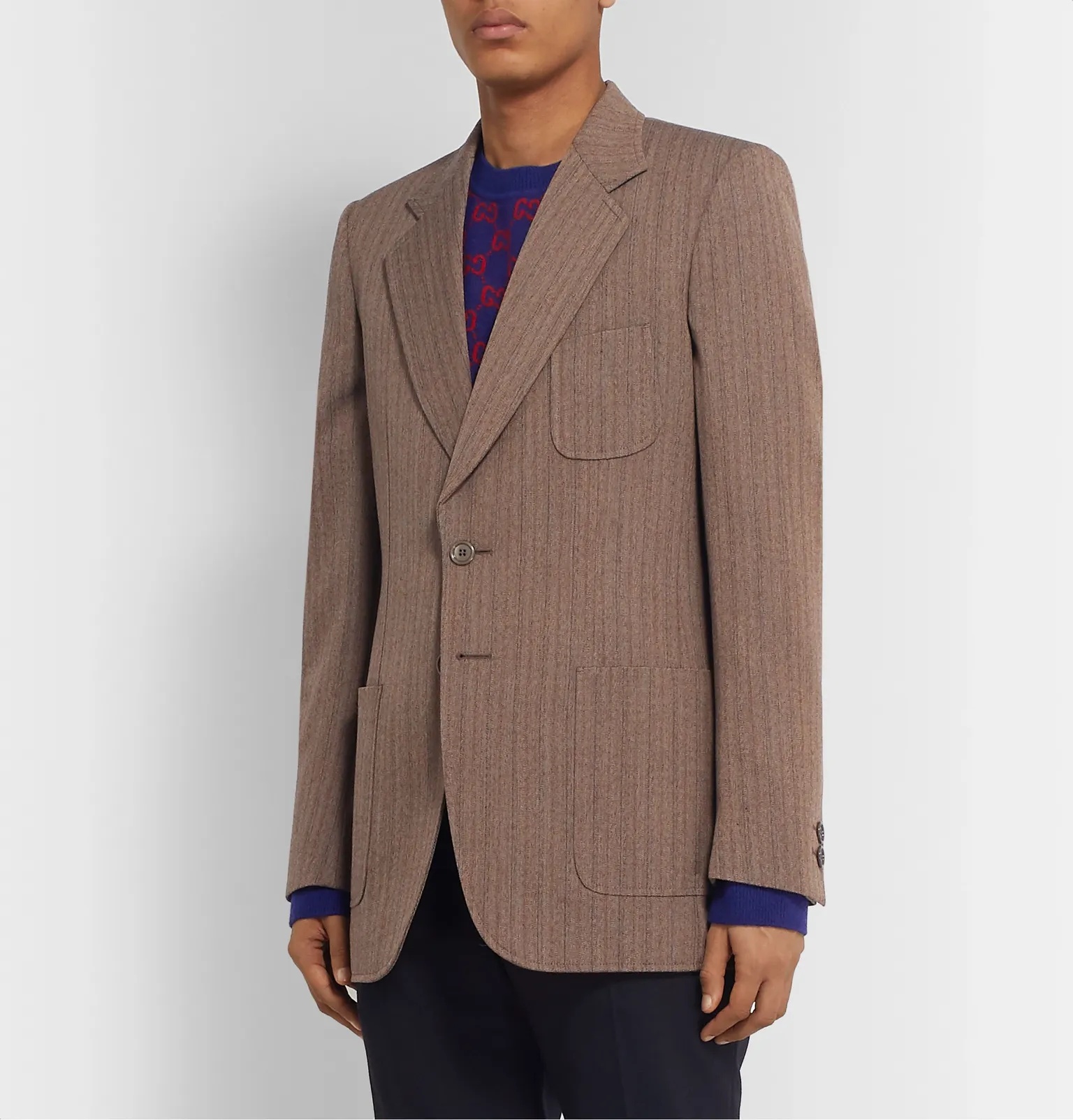 Brown Slim-Fit Striped Herringbone Wool-Blend Blazer - 4