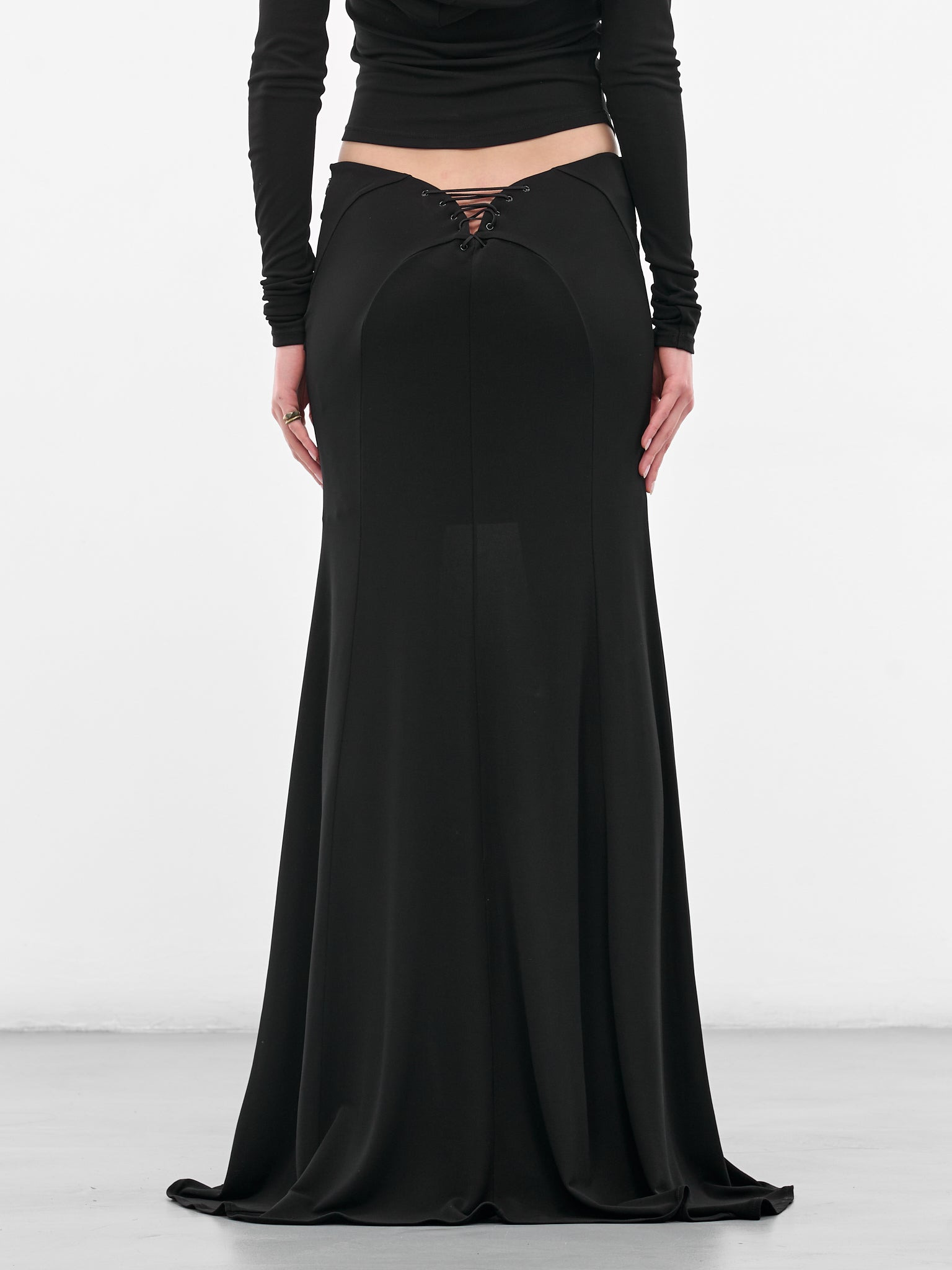 Black Long Lace-Up Skirt - 3