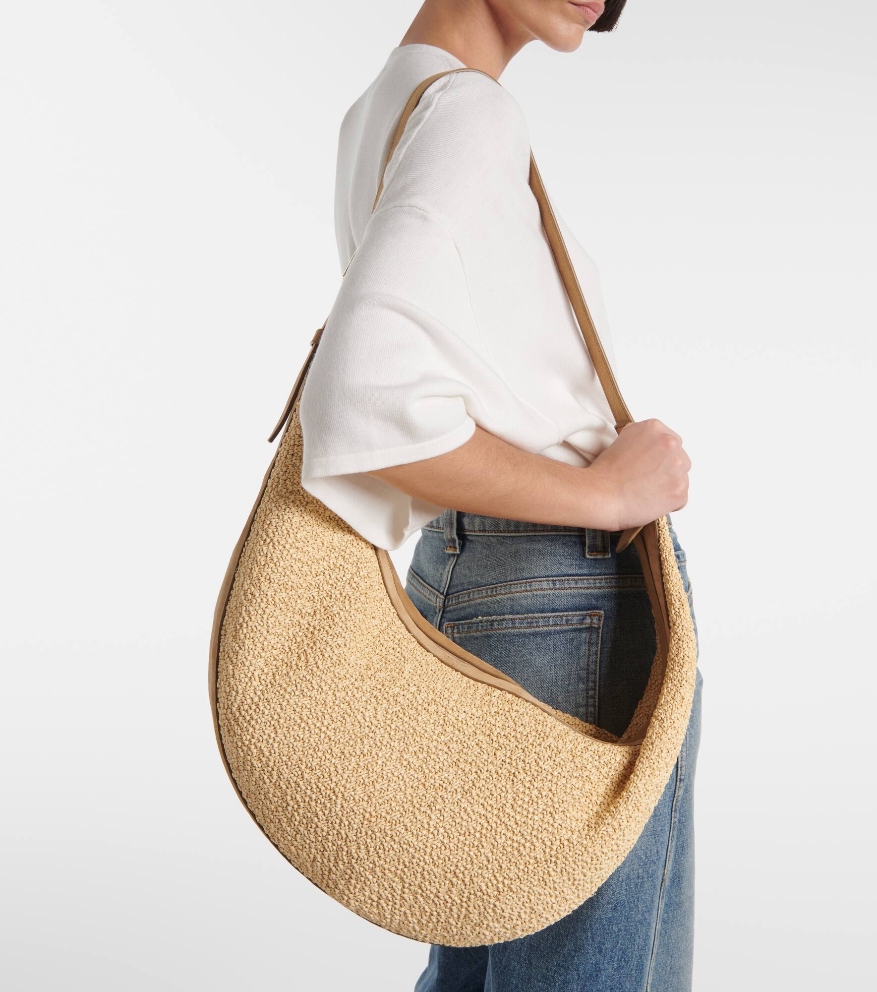 Augustina suede-trimmed raffia shoulder bag - 2