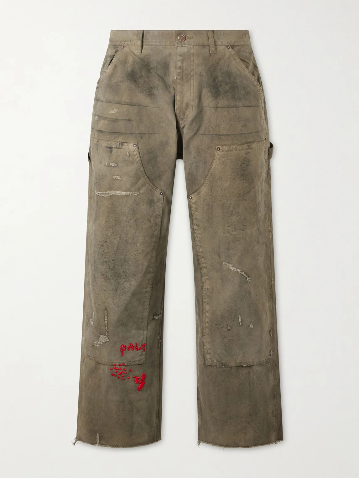 Been Thru It Straight-Leg Distressed Waxed Cotton-Canvas Trousers - 1