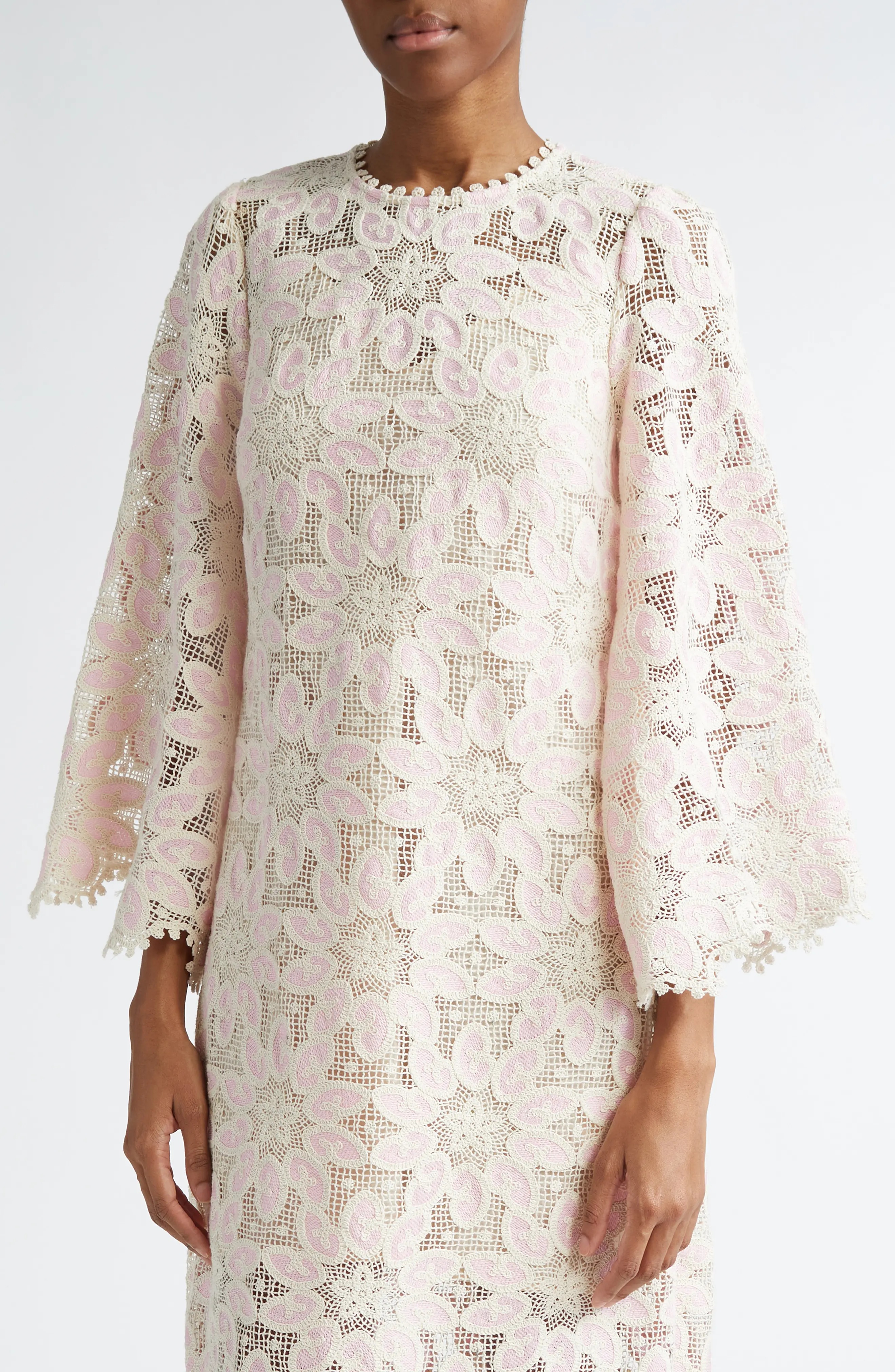 Ottie Long Sleeve Guipure Lace Cotton Blend Midi Dress in Cream/Pink - 4