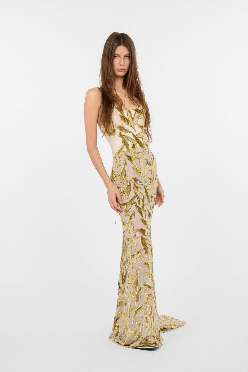 Extra-long Sheer Ivory Dress with Foliage Motif 3