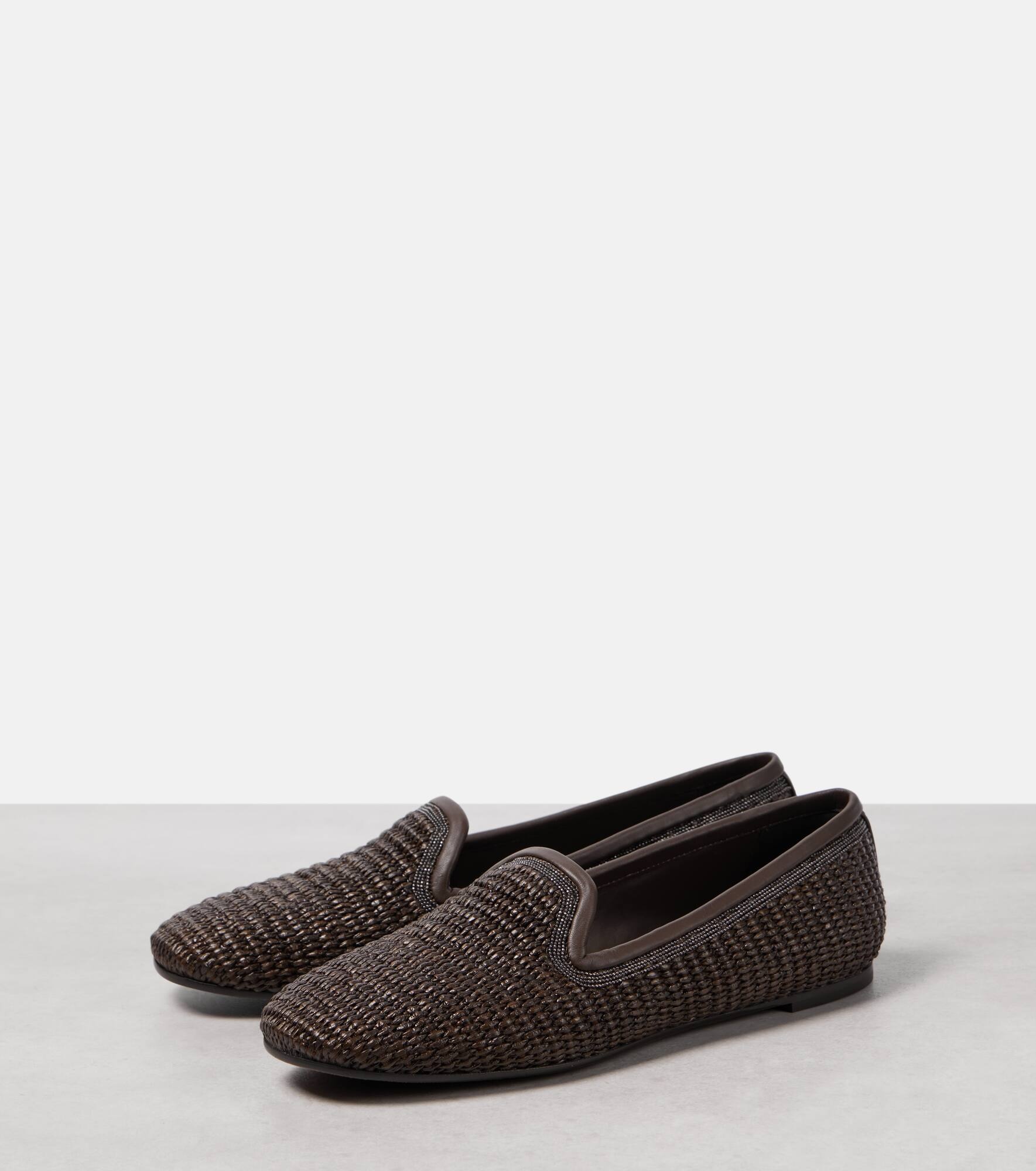 Leather-trimmed raffia slippers - 4