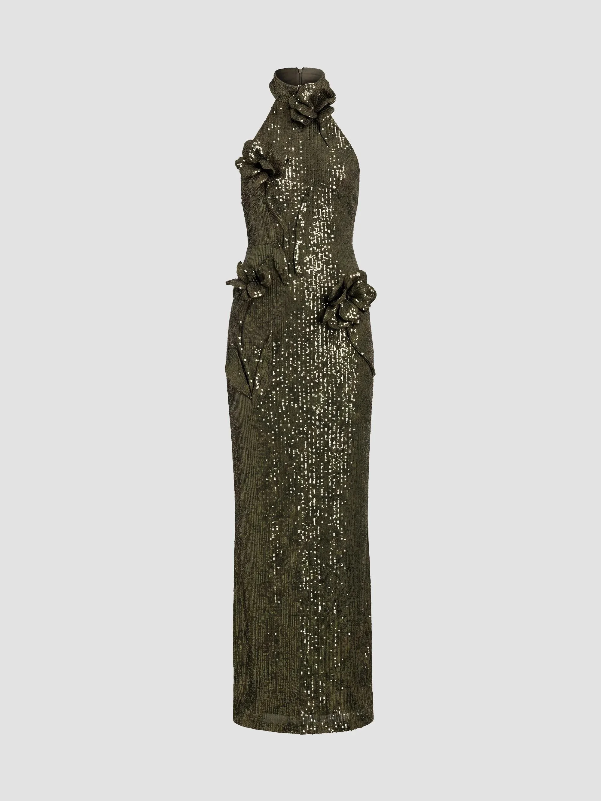 Women's Sequin 3D Flower Halter Column Gown - Olive - 1