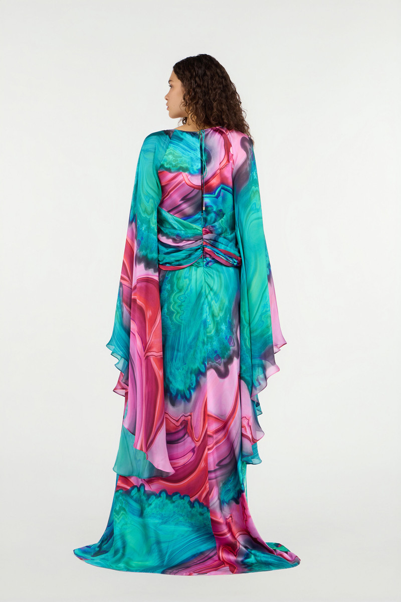 Long silk dress with cut-out and multicolor marble print 4