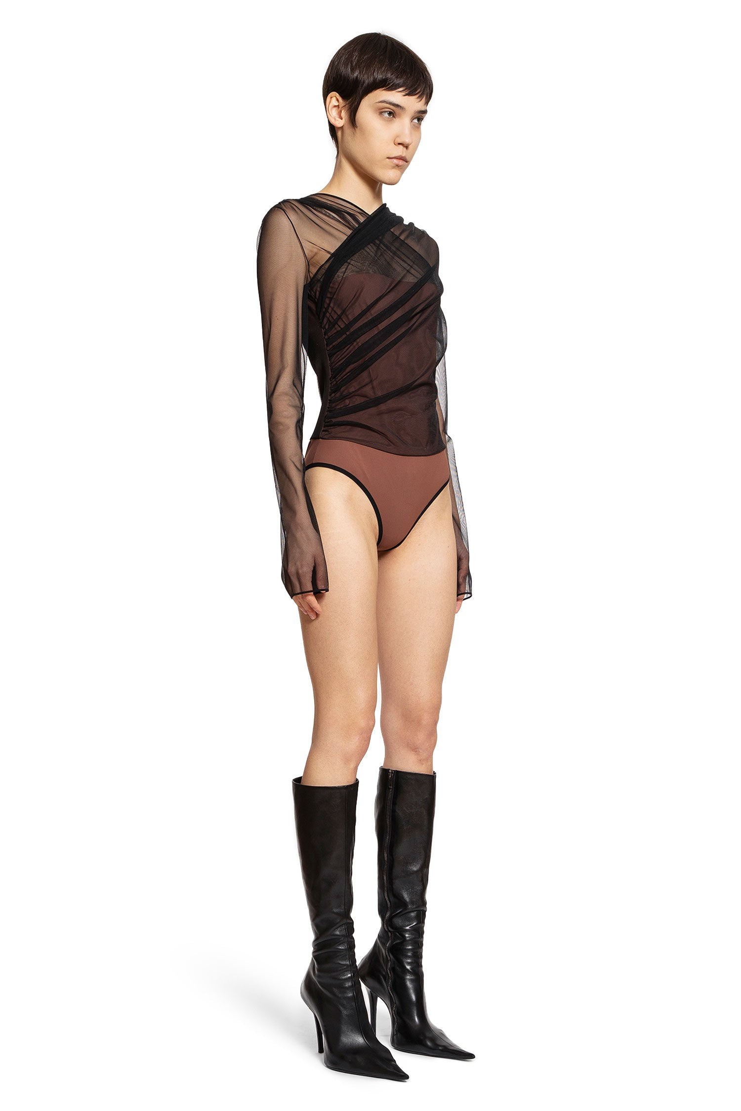 Semi-sheer Gathered Long Sleeves Bodysuit - 3