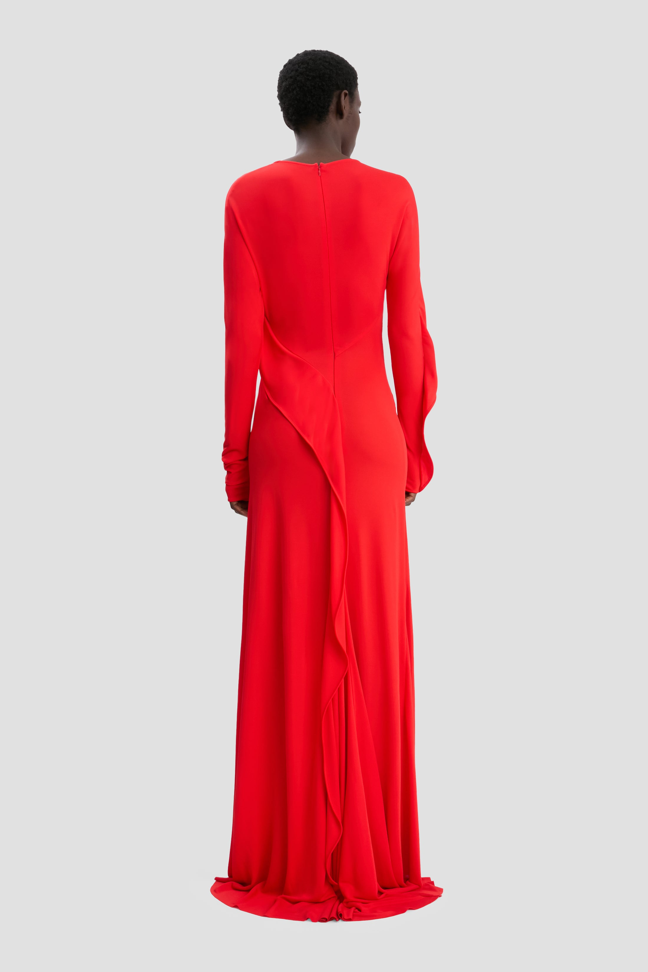 Long Sleeve Draped Jersey Gown In Cayenne - 5