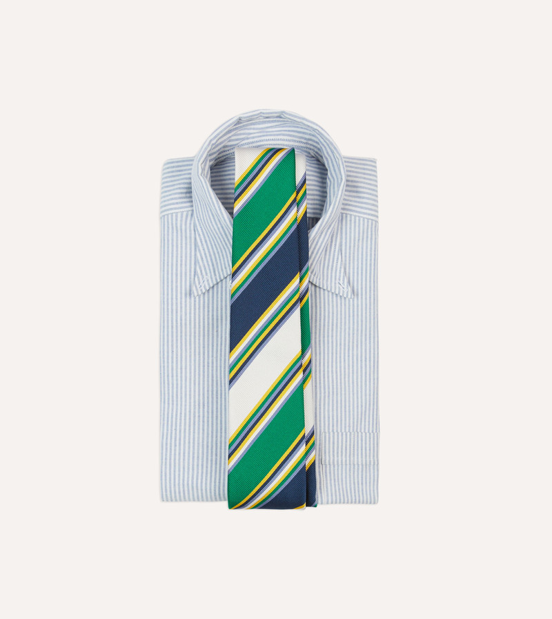 Drake's Navy, Green and White Stripe Mogador Silk Tipped Tie outlook