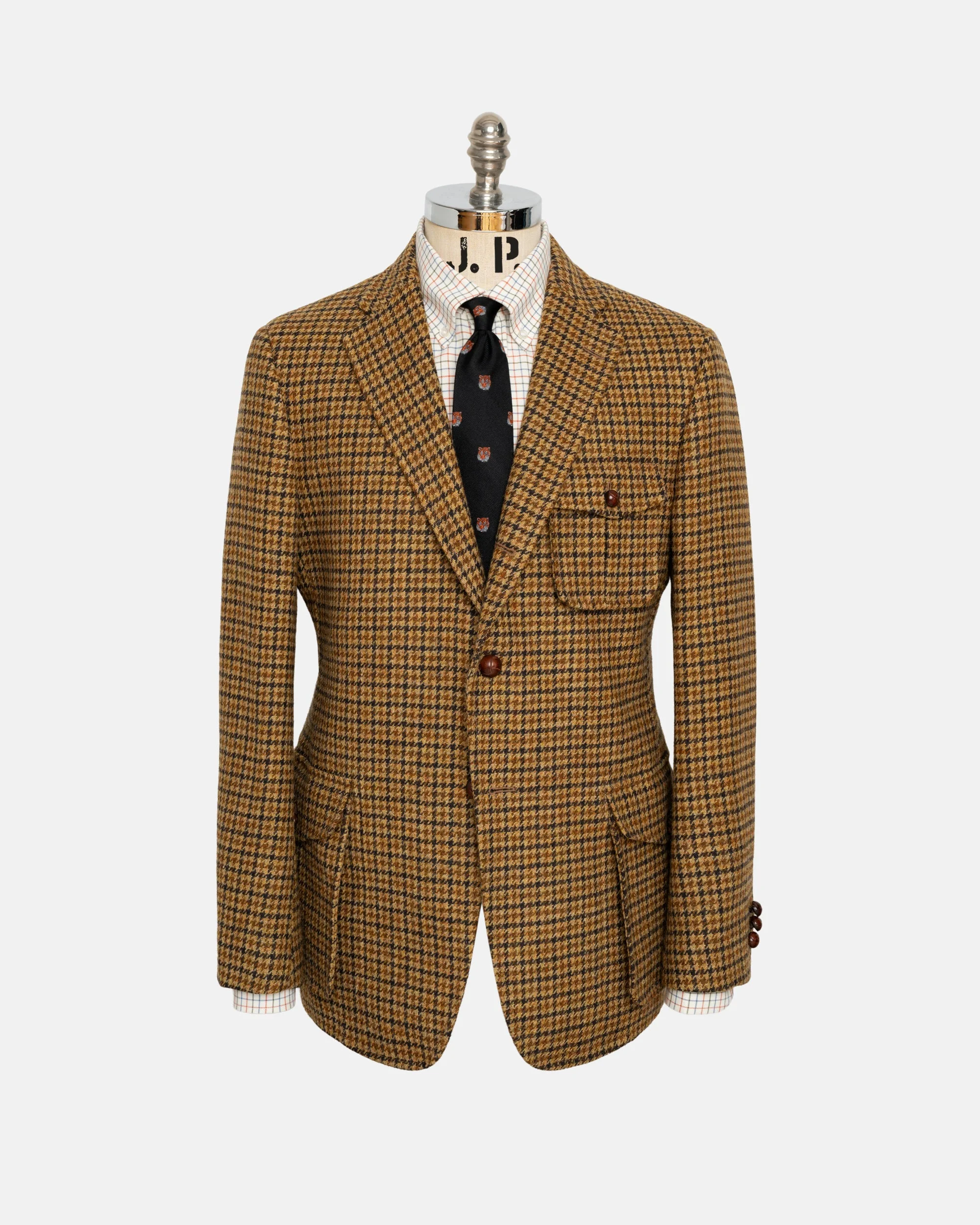 MADE-IN-USA BROWN & RUST HOUNDSTOOTH CHEVIOT TWEED NORFOLK JACKET - 1
