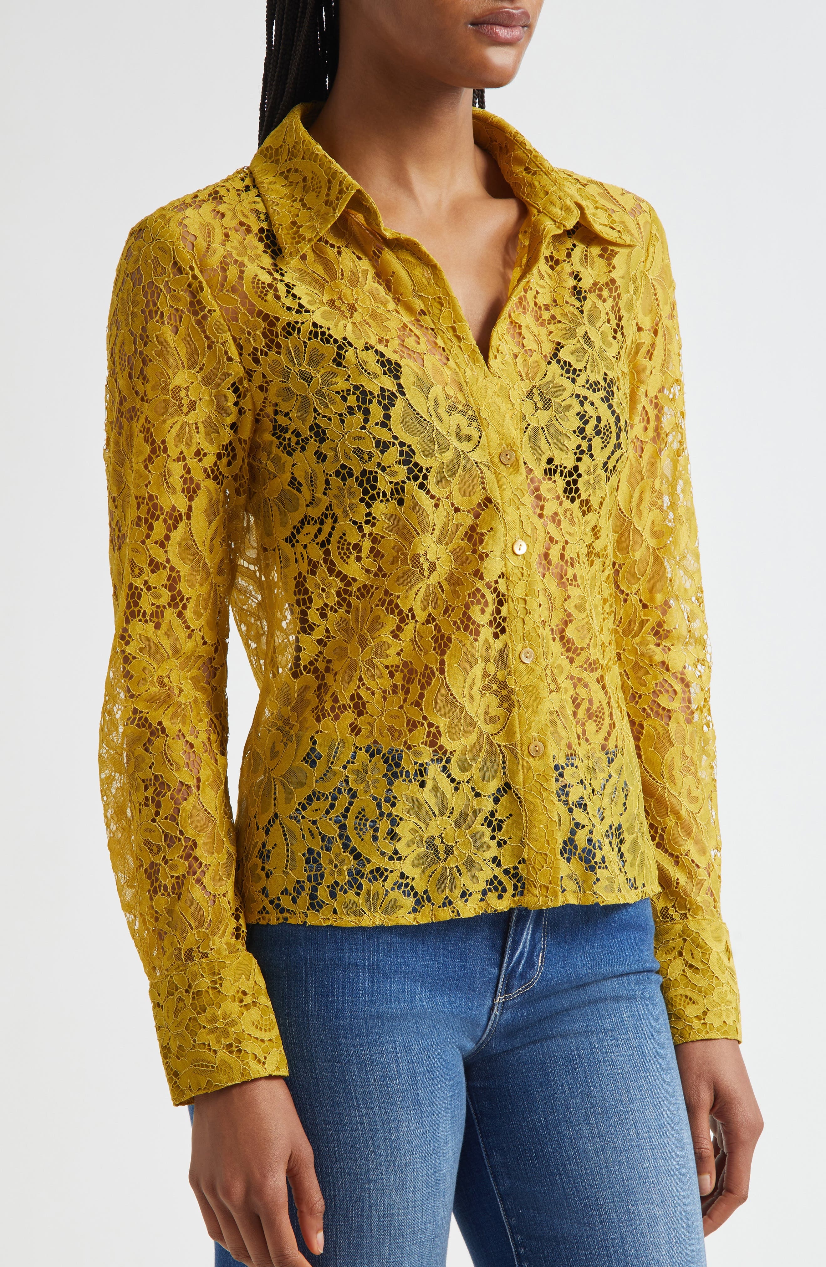L'AGENCE Maia Lace Button-Up Shirt in Ceylon Yellow Lace at Nordstrom - 4