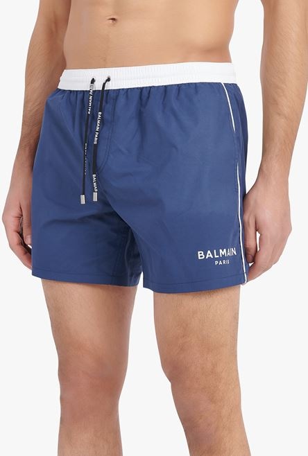 Navy blue swimsuit with white Balmain Paris logo print - 5