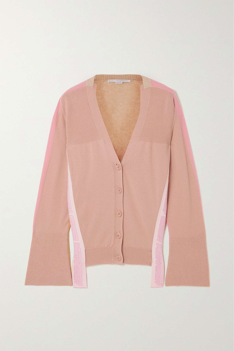 Jacquard-trimmed color-block wool cardigan 1