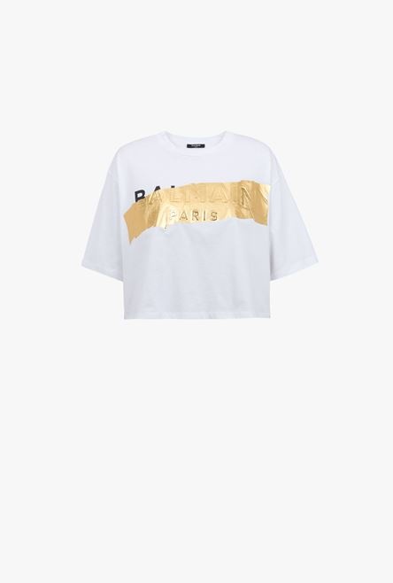 Cropped white cotton T-shirt with gold-tone Balmain logo - 1