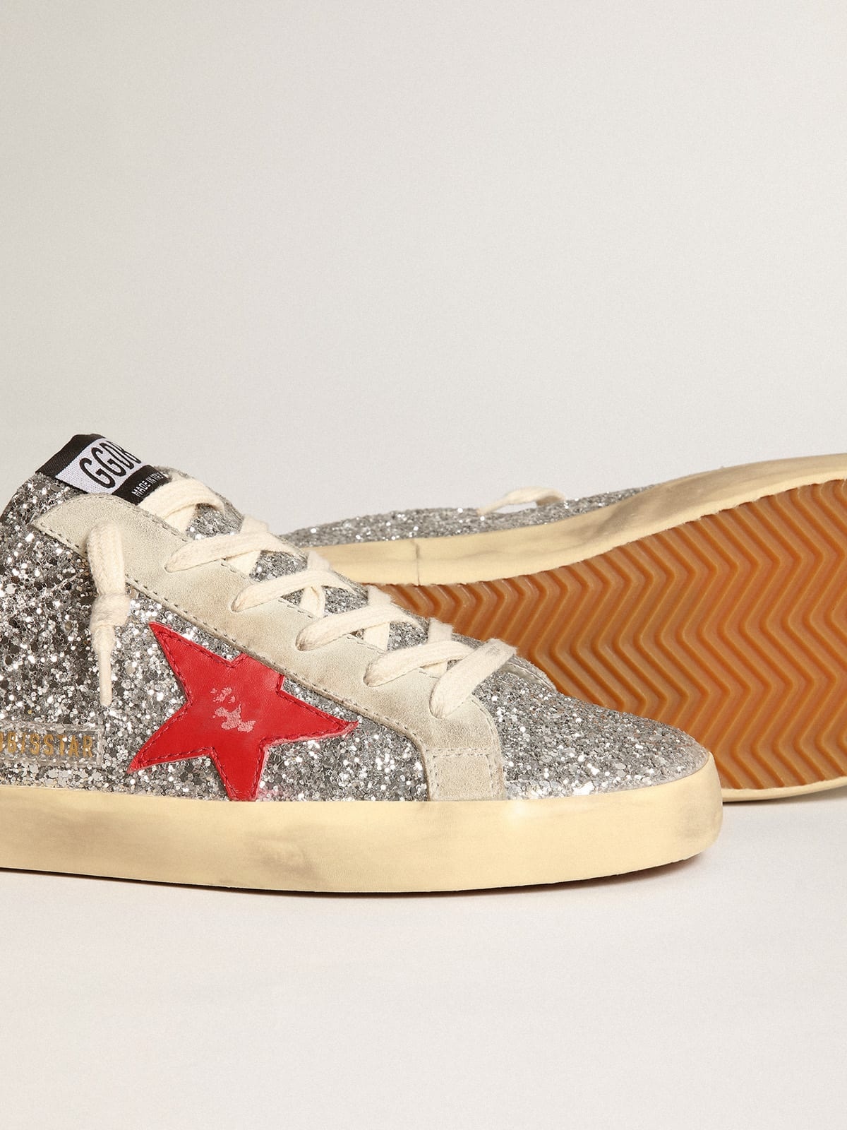 Super-Star Sabots in silver glitter with red leather star - 4