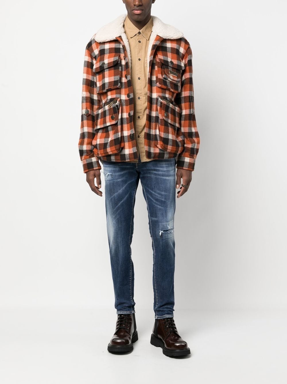 check-print shearling jacket - 2