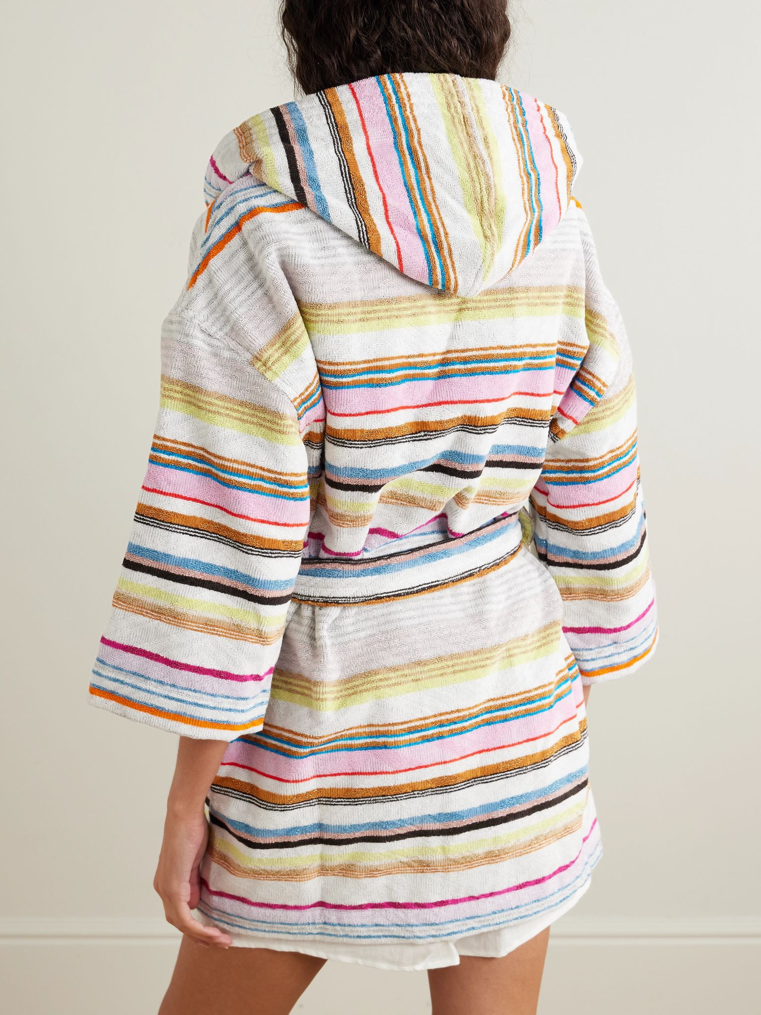 Moonshadow hooded striped metallic cotton-blend terry robe Pink - 3
