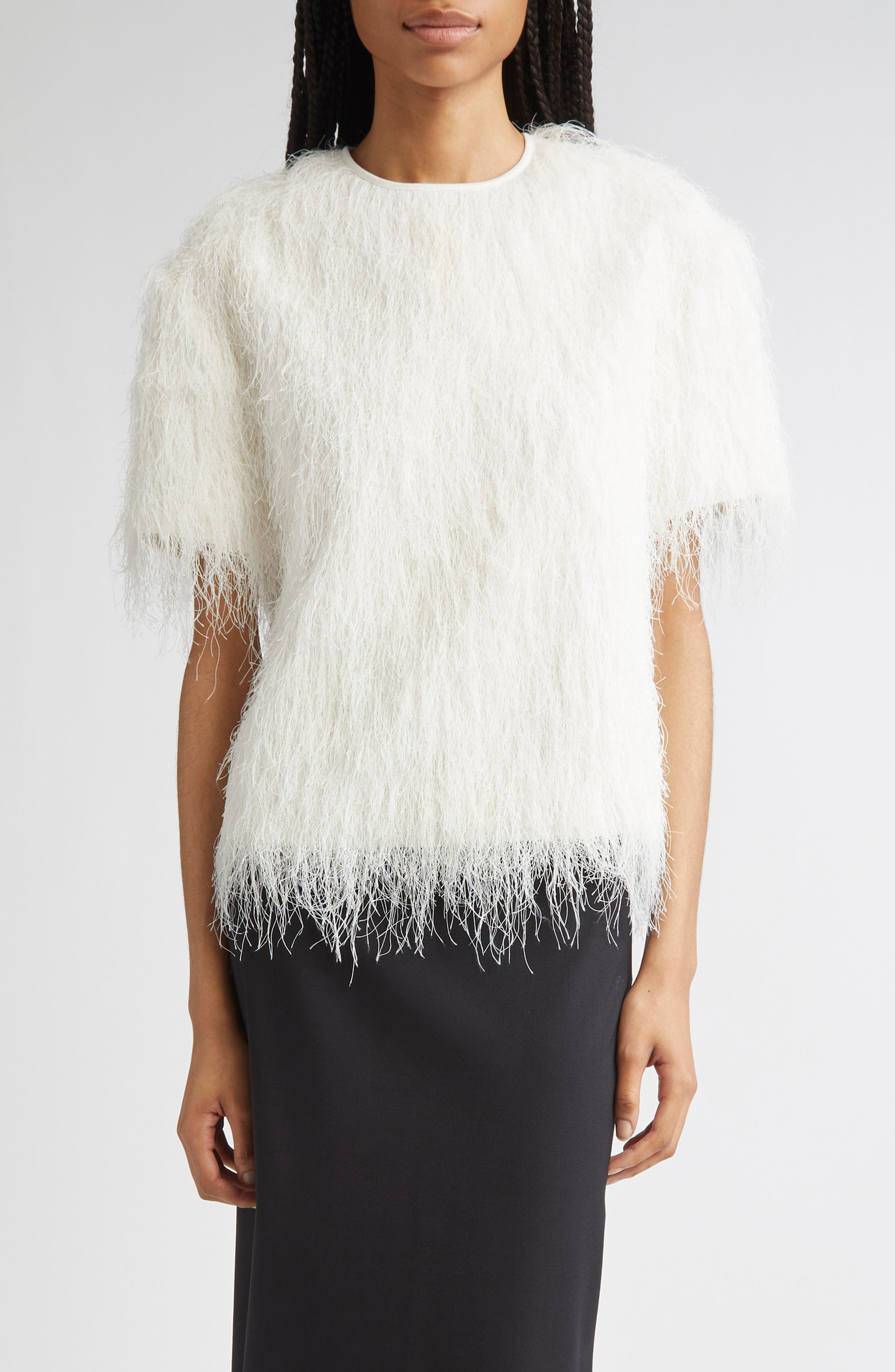 LOULOU DE SAISON Zaro Short Sleeve Fringe Top in White at Nordstrom - 1
