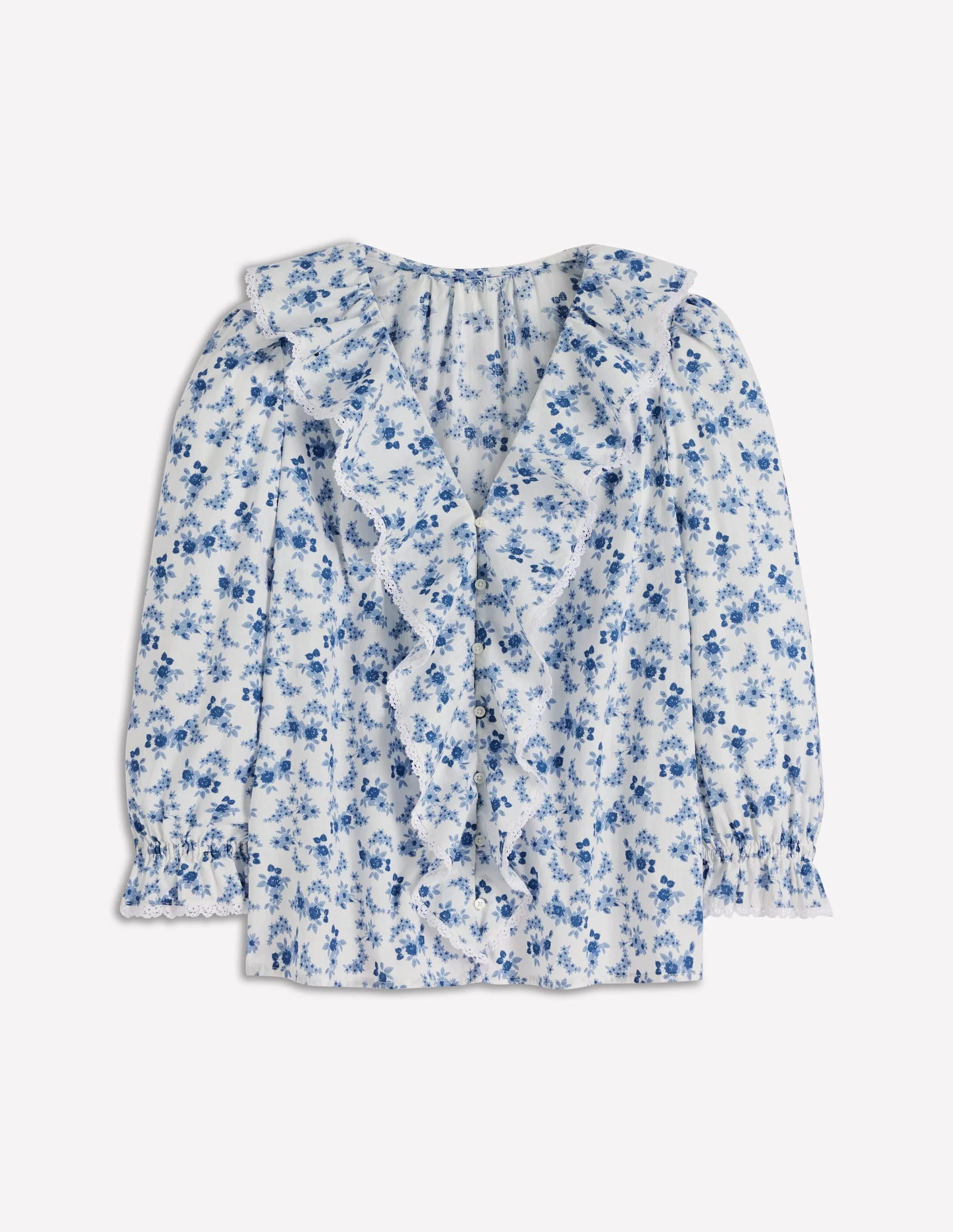 Eliza Ruffle V-Neck Blouse-Tourmaline Blue, Dainty Vine - 1