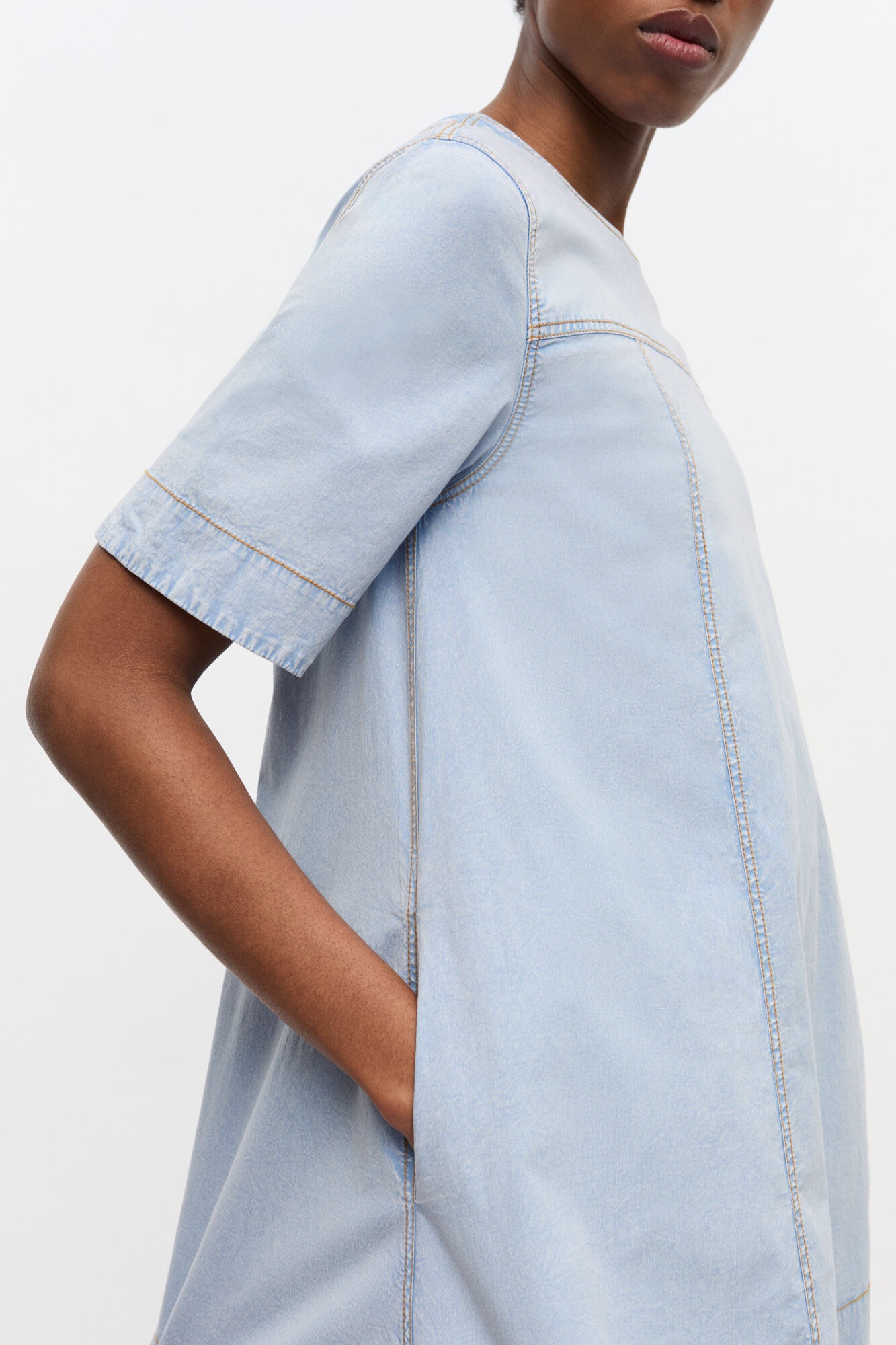 LIGHT BLUE A-LINE MINI DENIM DRESS - 5