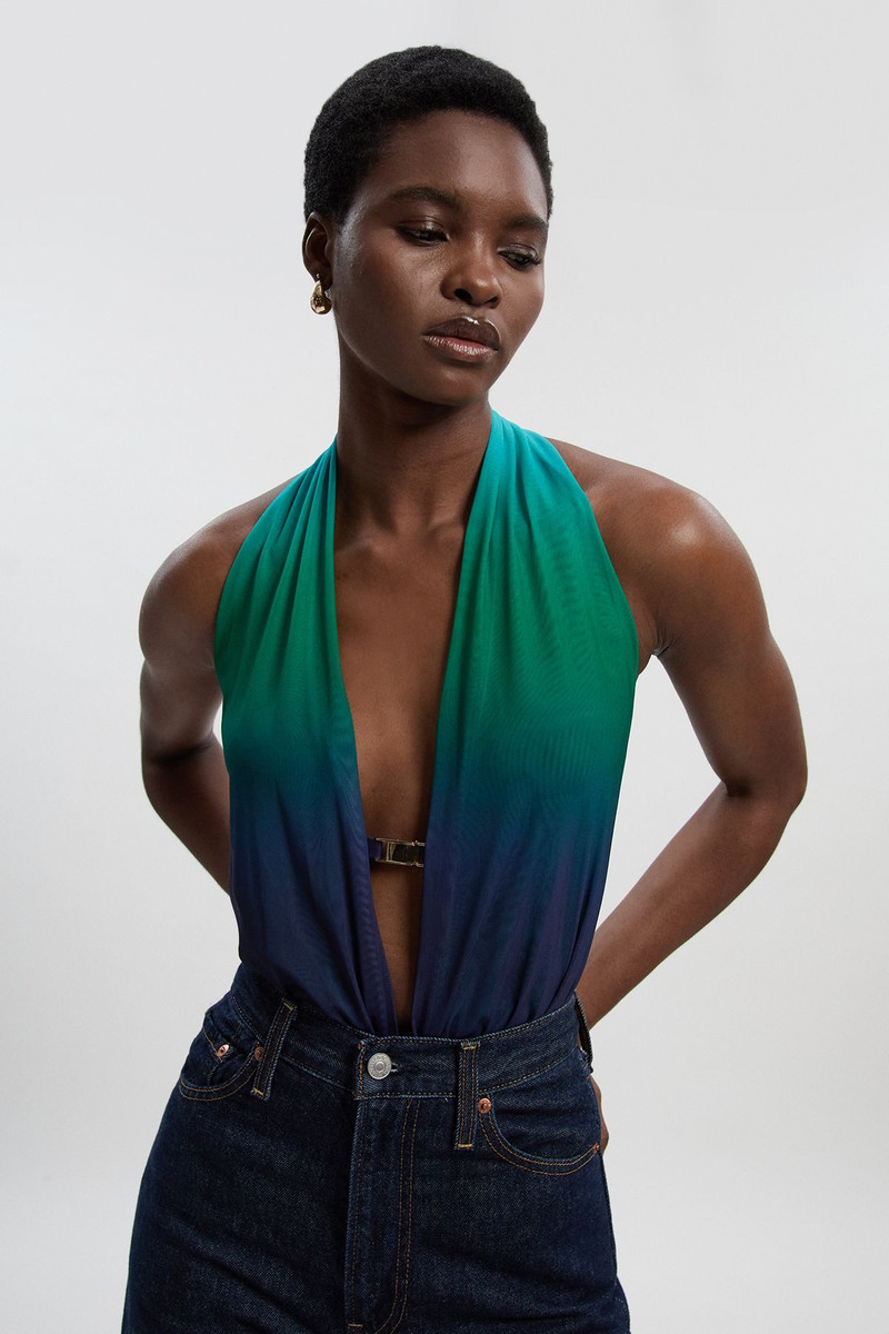 Halter Neck Trim Detail Plunge Ombre Mesh Bodysuit 1