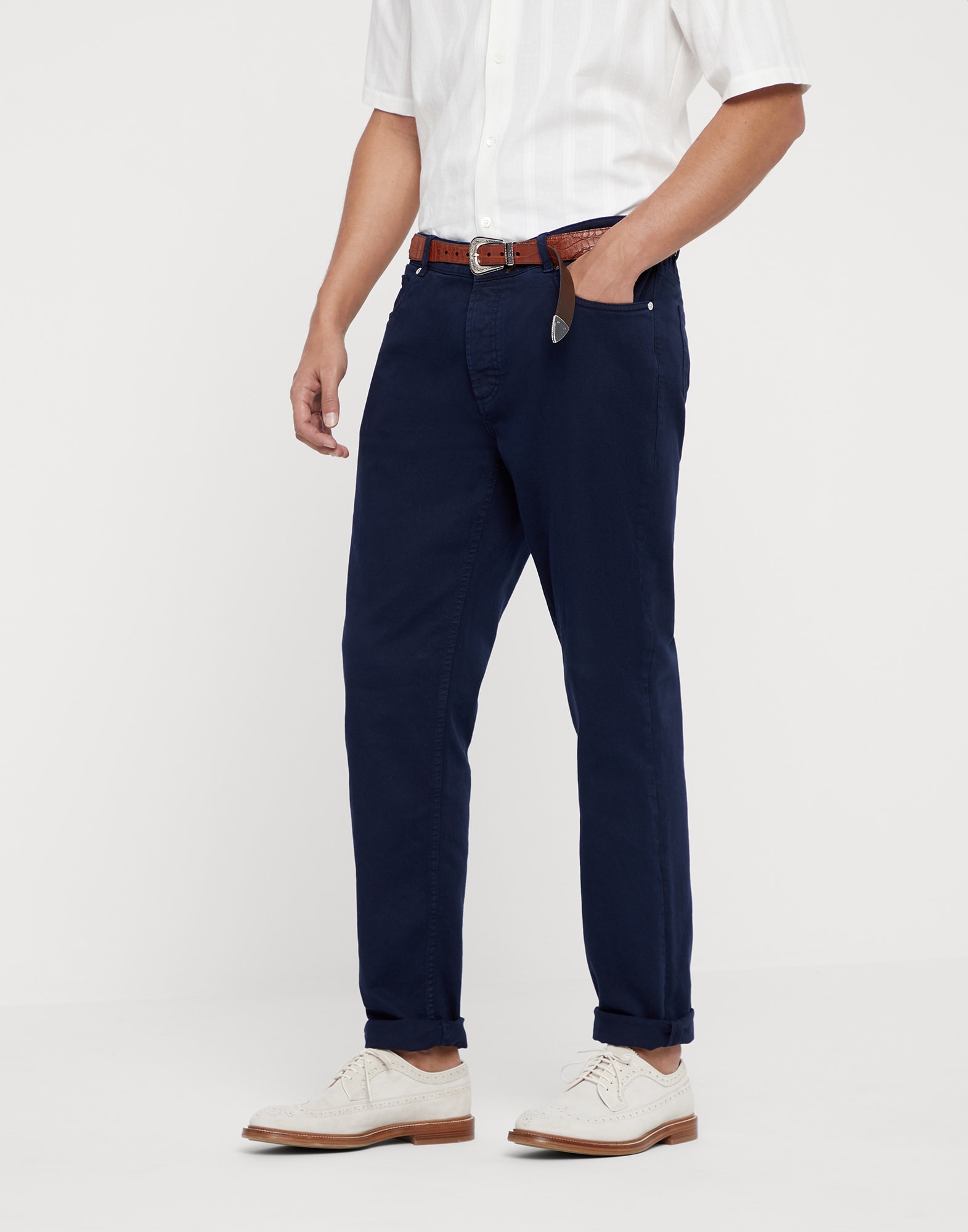 Garment-dyed comfort lightweight denim traditional fit five-pocket trousers - 1