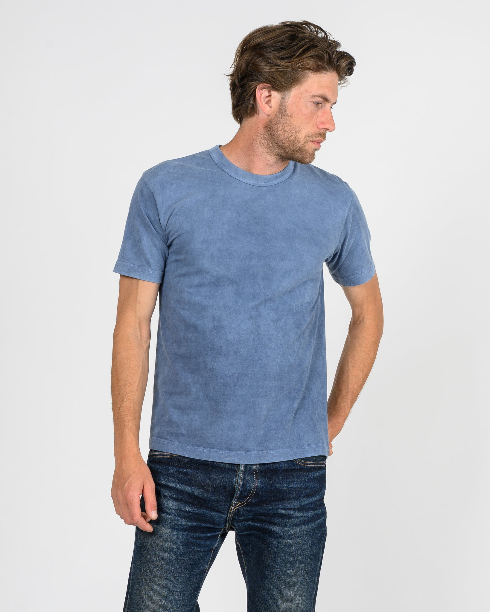 UTIL-NIN UTILITEES - 5.5oz Loopwheel Crew Neck T-Shirt - Natural Indigo / White Body - 2