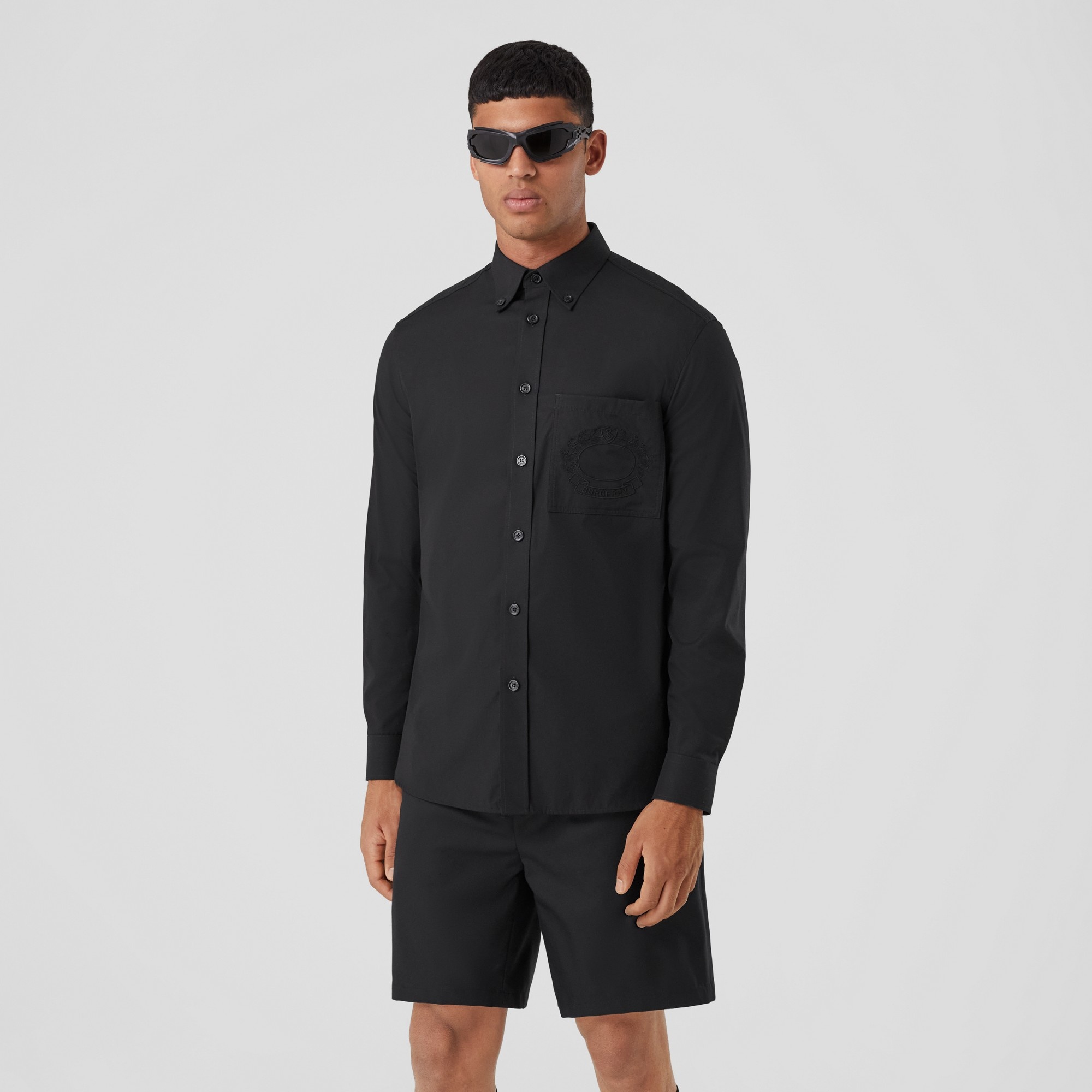 Embroidered Oak Leaf Crest Stretch Cotton Shirt - 5