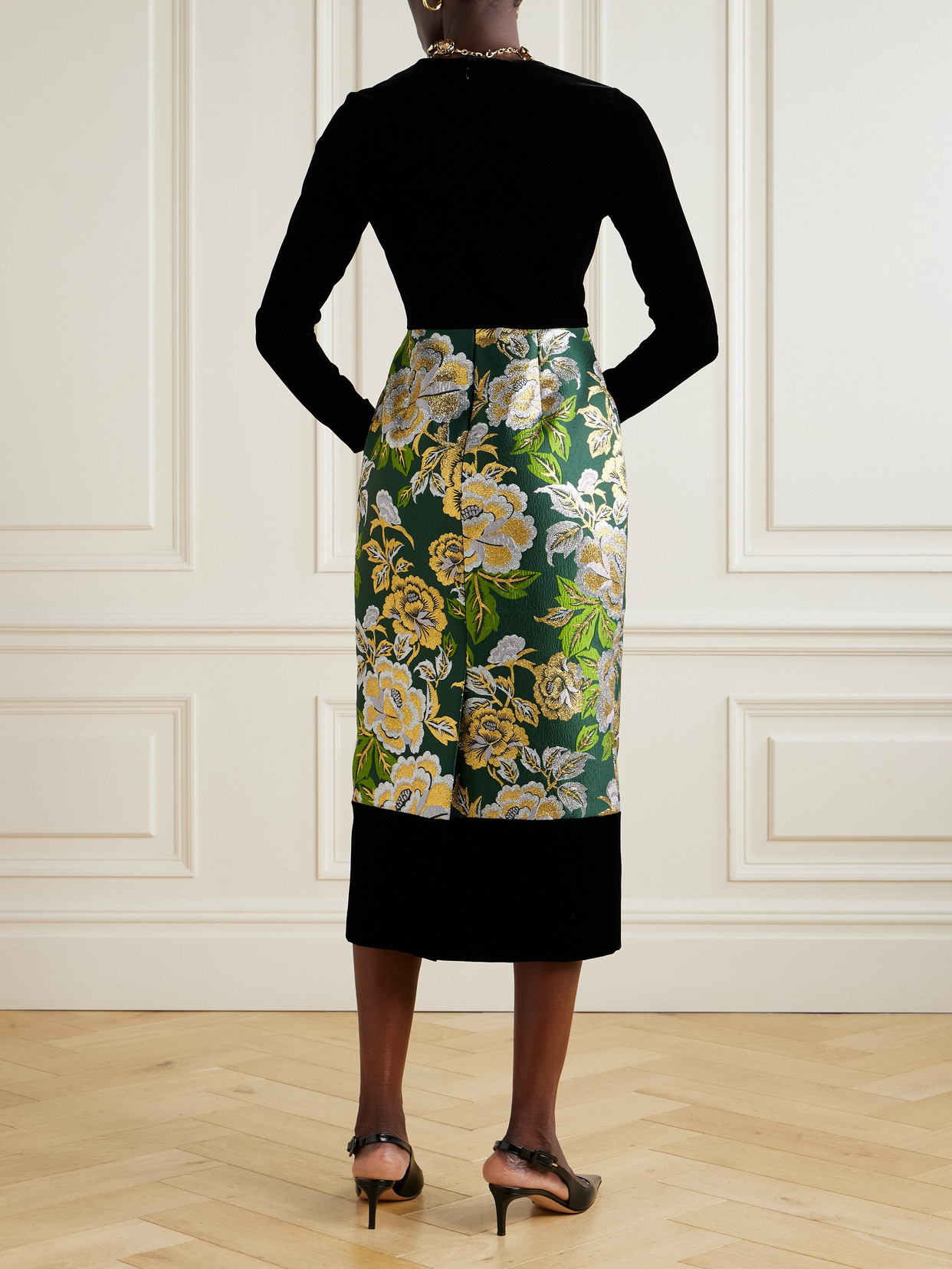 Velvet And Floral-jacquard Midi Dress - 3
