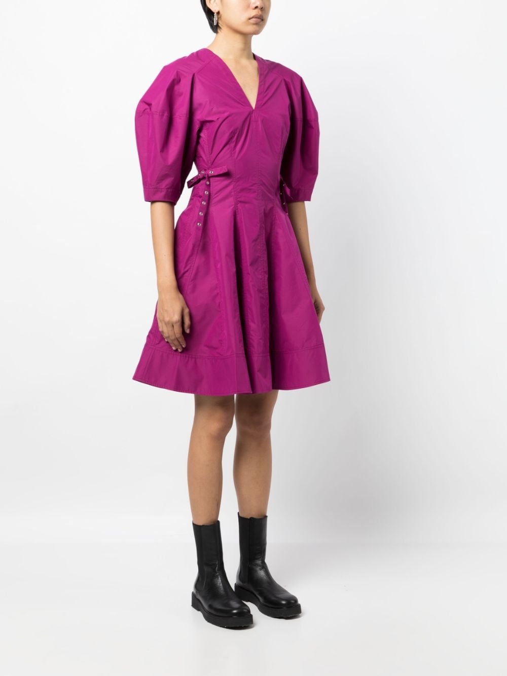 puff-sleeve V-neck godet dress - 3