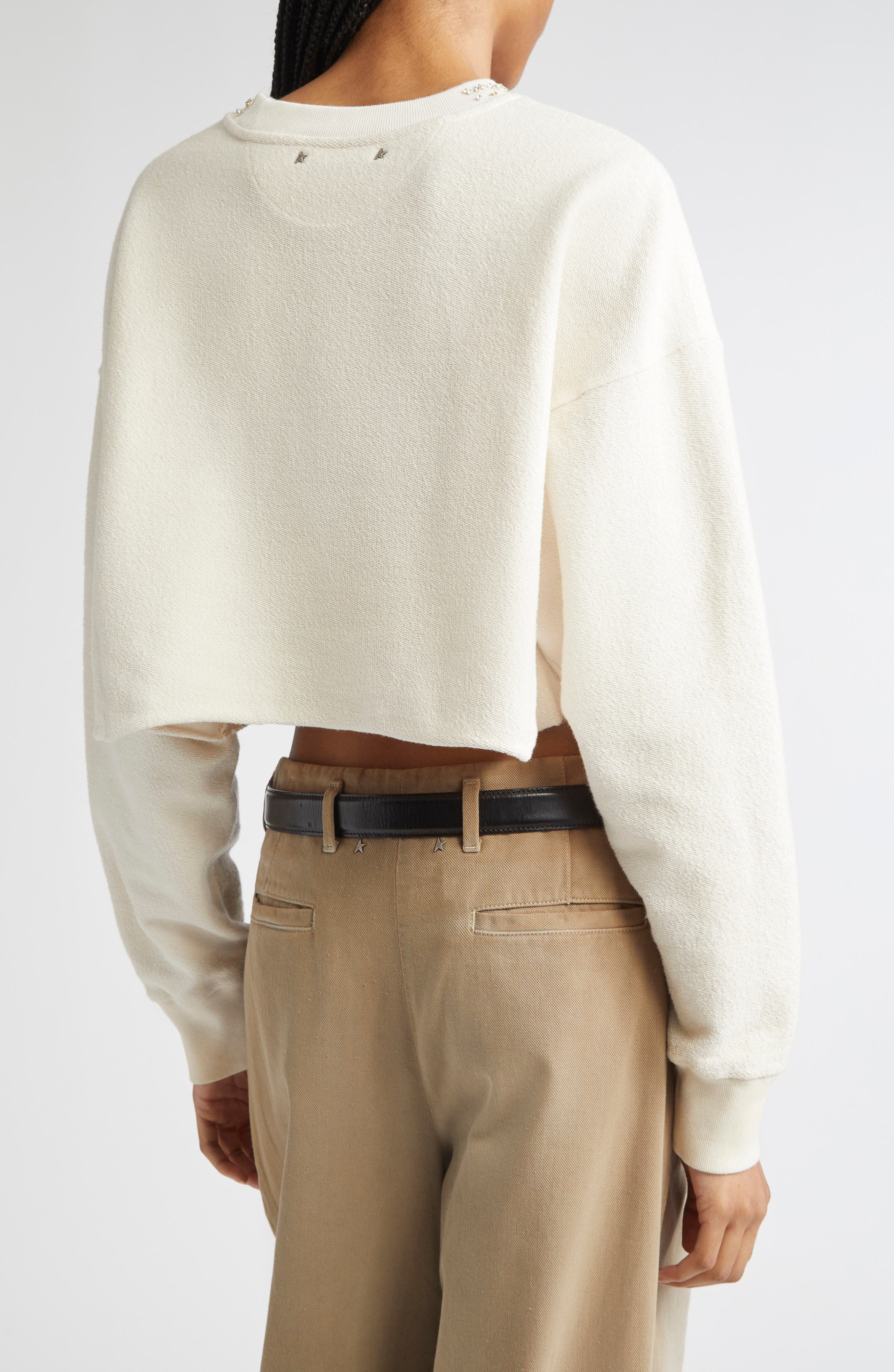 Golden Goose Journey Crystal Embellished Crop Fleece Sweatshirt in Artic Wolf at Nordstrom - 3